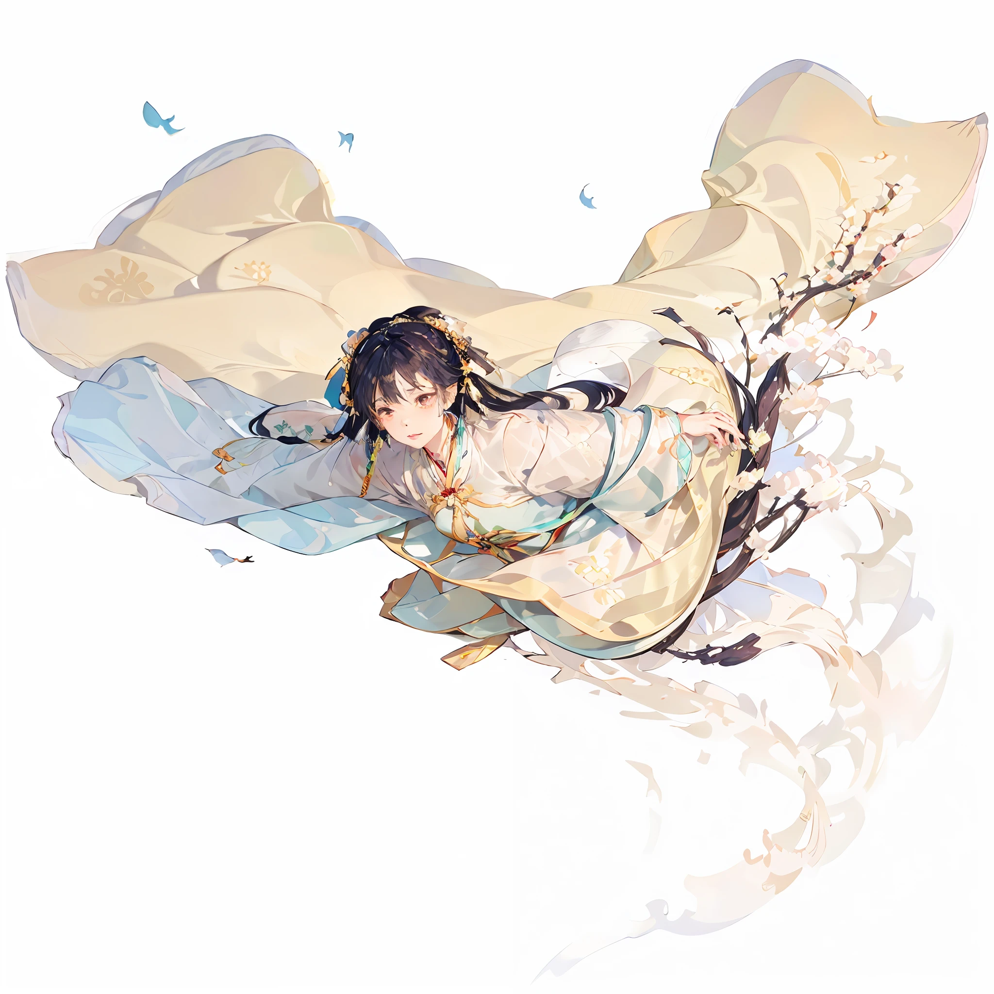 Anime style illustration of woman flying in air in Hanfu, Palace , A girl in Hanfu, A beautiful artwork illustration, Onmyoji detailed art, Guviz, Guviz-style artwork, onmyoji, by Yang J, Guweiz in Pixiv ArtStation, White Hanfu, By Leng Mei