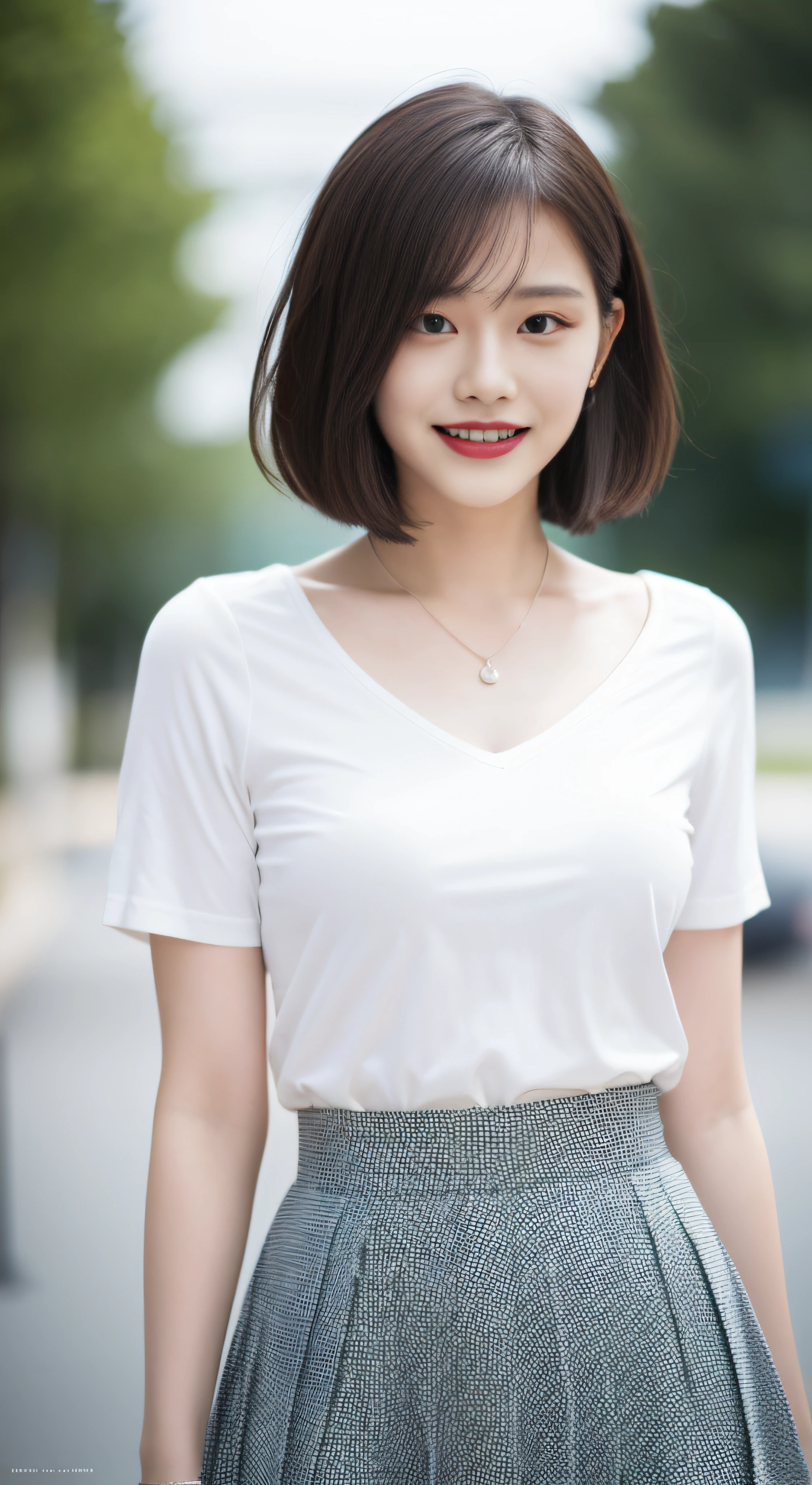 Highly detailed 8K wallpapers),Clear focus,A detailed,dramatics,delicate beautiful schoolgirl,Amazing,prette,Sheer white lining,Dark blue pleated miniskirt,light brown short hair,Raised sexy,ssmile,blur backgroun,Beautiful graphics,showing whole body,short detailed hair,shyexpression,Whale necklace