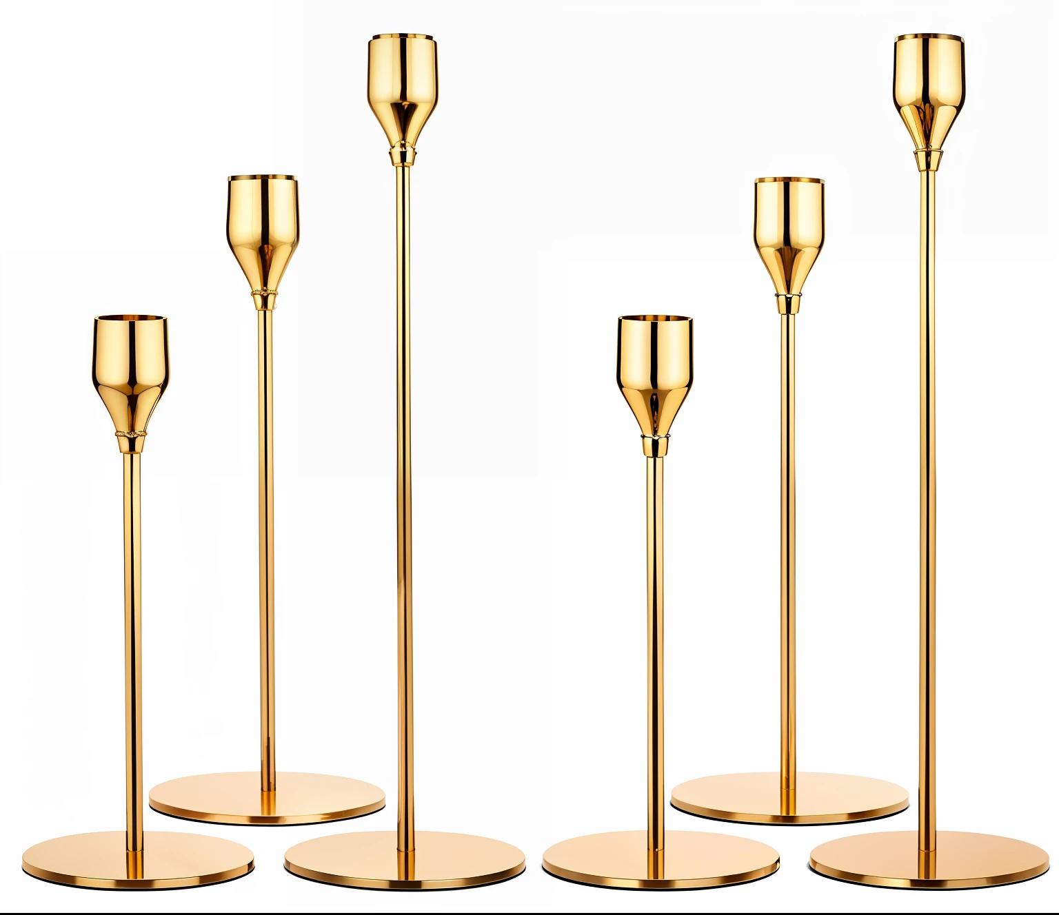 Three golden candlesticks on white background, set against a white background, BEST lighting, inspired by Jan Karpíšek, Colorful copper brass decoration, metallic brass accessories, Scandinavia, Solid gold pillars, gilded with gold, pillars, Gilt, full bodyesbian, A couple drinking, on a candle holder, A tall, embrassed, high quality product photo