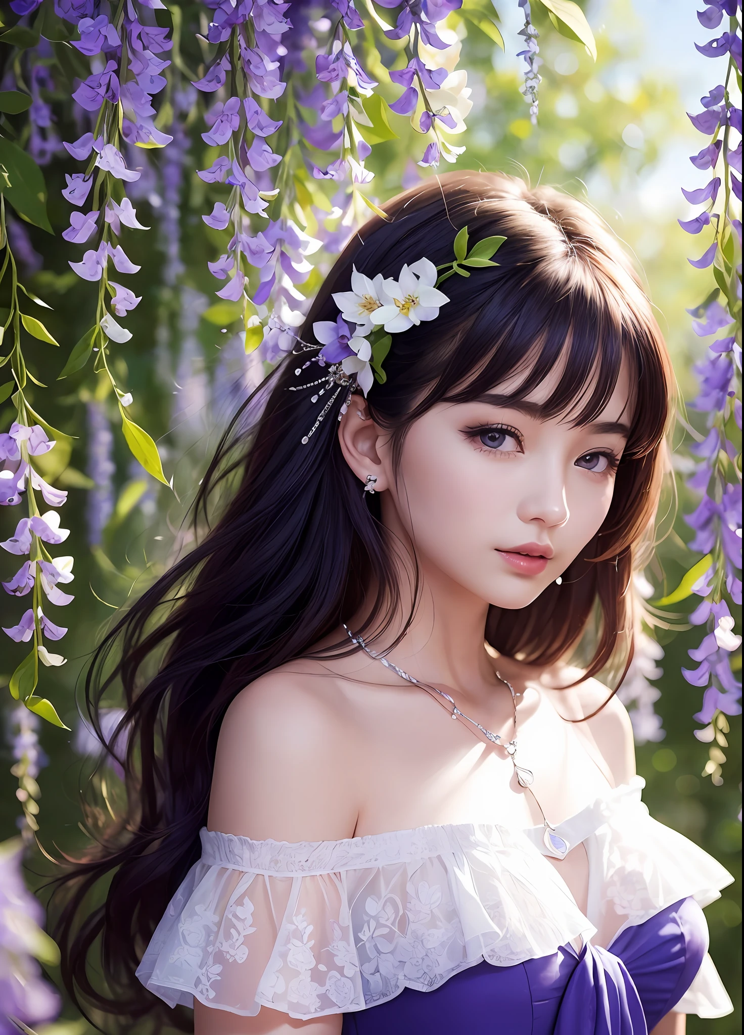 Beautuful Women、(top-quality、in 8K、32K、​masterpiece、nffsw:1.3)、(Photorealsitic:1.4)、realisitic:1.2、Detailed skin、elegance、top grade、Sunglare、lensflare、Detailed shading by sunlight、depth of fields、blurry backround、( Royal Blue Off Shoulder Dress)、Wisteria shelf、Wisteria flowers、ear ornament、lady's、a necklace、(A sexy:1.2)、breastsout、