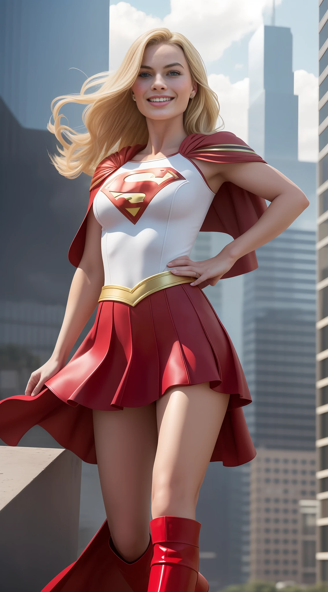 Margot Robbie com cosplay de Supergirl ((proud expression)), Margot Robbie, Margot Robbie sorrindo,  obra-prima, melhor qualidade, ultra detalhado ((corpo inteiro incluindo pernas)), no ar, voando faixa de cabelo, saia vermelha, capa vermelha, botas vermelhas com saltos QUEBRAR (nuvens, cidade, vista deslumbrante), Ultra high resolution, Pele de alto detalhe, lifelike lighting, (textura natural da pele, hiper-realismo, luz suave, clear: 1.2), (foto altamente detalhada: 1.1), 8k, fotorrealista.