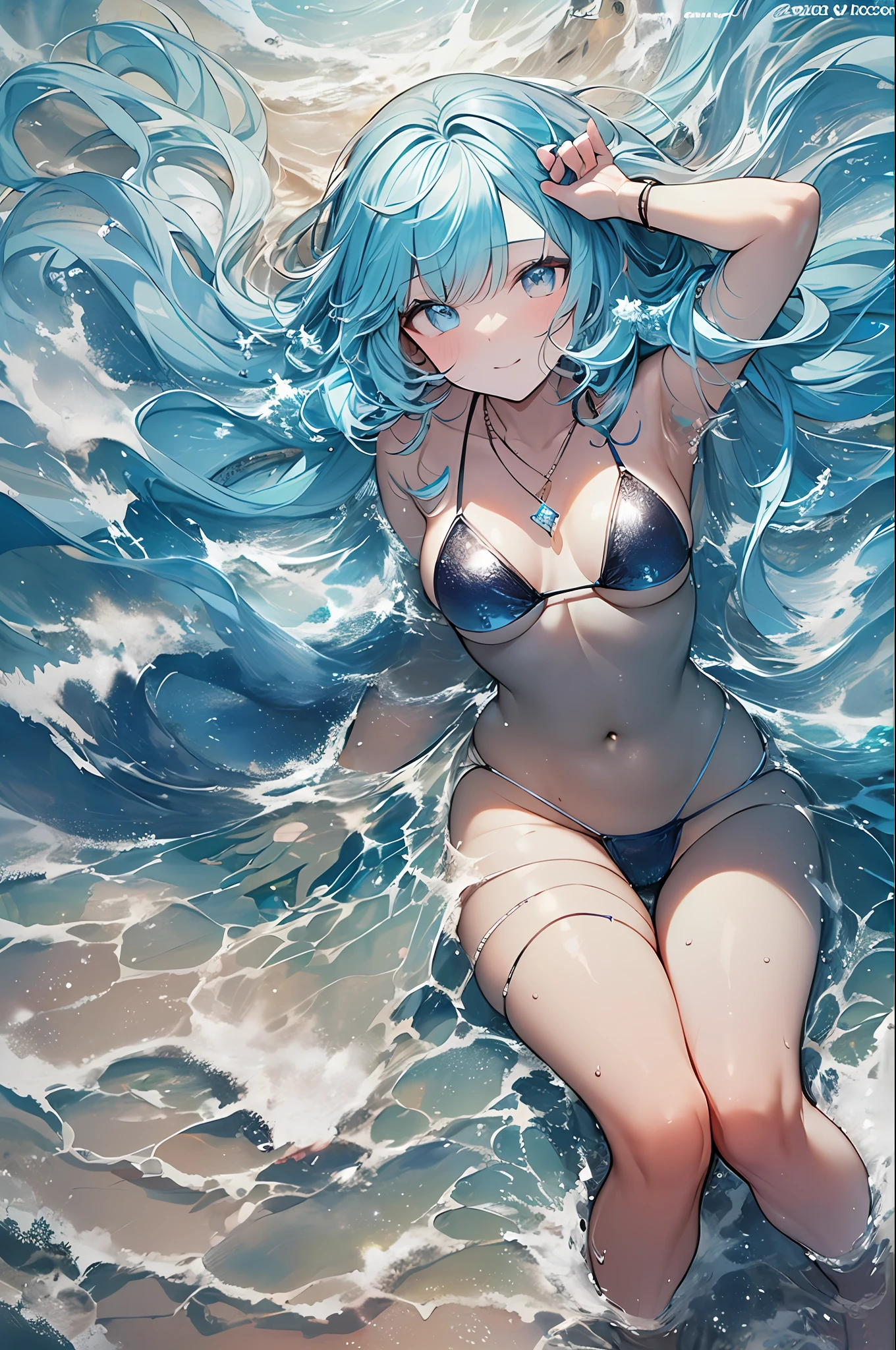 ((masterpiece、top-quality、Watercolor art(Pendants)、Official art、Beautifully Aesthetic:1.2))、(the golden ratio:1.2)、(full body Esbian:1.2)、(ultra-detailliert:1.3)、(1girl in:1.3)、(Fractal Art:1.3)、full body Esbian、((Glitter pupils))、patterns、((rainbow-colored hair、colourful hair、Half light blue and half blue hair:1.2))、colourfull、Writing、(heterochromia iridis)、(colourfull:1.5)、((swim wears))、((Shy face))、((Blue Micro Bikini))、(Standing)、(Hyper-detailing), ((delicate detail)), (intricate detailes), ((ciinematic light, best quality backlight)), highcontrast, ((The best lighting, extremely delicate and beautiful)), ((ciinematic light))、(ray trace reflection、brilliance)、((glowing aura))、((Radiant hair))、((The ultra-detailliert))、((8K))、((write))、Delicate beautiful face and eyes,Focus on Face, Sea、Beach、masterpiece,Detailed splashes, Beautiful detail water、Shock sensation、(realisitic:0.5)、Original 2 High Saturation、(backs)、Turned、(Sea, Sandy beach and rocky area in the background)、((full body Esbian))、(Standing on the beach)