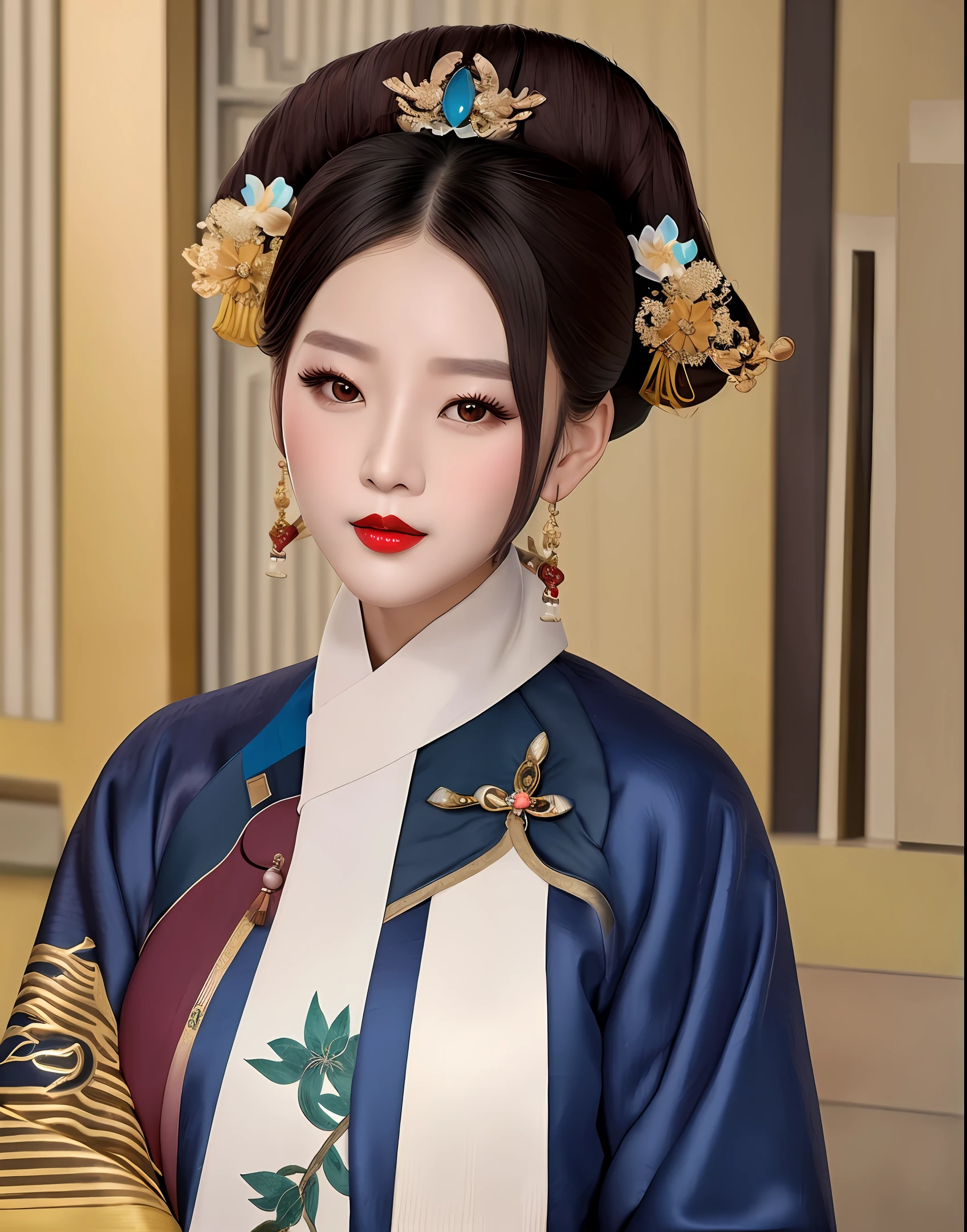 Wearing a Qing dynasty queen's dress, lips painted with red lips, a mature woman