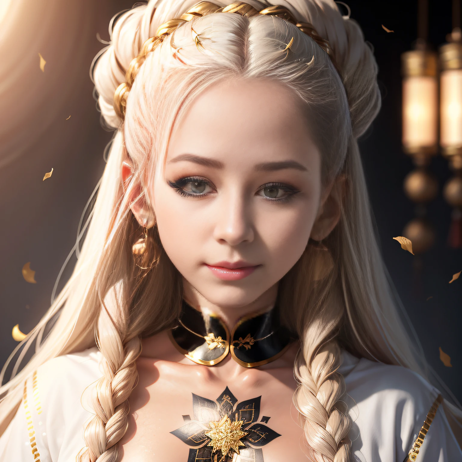 Need,tmasterpiece,whaite hair,Golden eyes,Manteau blanc,Look up,The upper part of the body,Hairline,Fair skin,Side weave Japanese-Russian mix，Fine pores，Pink lipstick，The lips are shiny，tear-mole，Forehead colored sequins，Tattoo of a flower on the chest