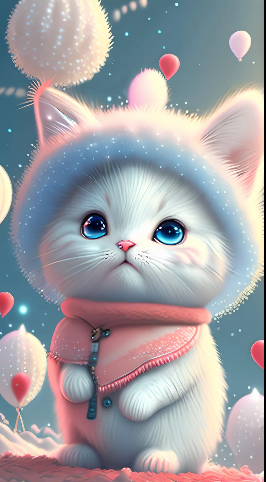 In this ultra-detailed CG art，Cute kittens surrounded by ethereal balloons，laughingly，blingbling，red colour，Best quality at best，A high resolution，Complicated details，fanciful，cute animal，Funny，Open-mouthed！！！，laughingly！！