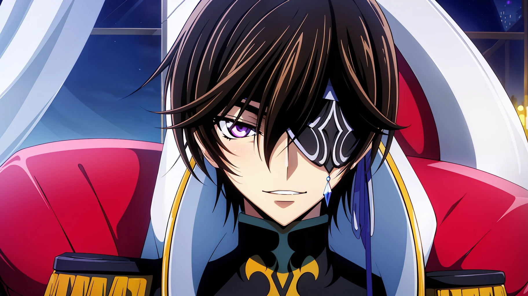 (Night:1.7), Castle,
sitting at attention,sitting on throne,(Close-Up),
yellow and black outfit ,holding_staff,black coat,
lelouch_lamperouge,
black_hair,purple_eyes,
1 man, 20yo,male,Beautiful FingerBeautiful body,Beautiful Nose,Beautiful character design, perfect eyes, perfect face,
looking at viewer,
NSFW,official art,extremely detailed CG unity 8k wallpaper, perfect lighting,Colorful, Bright_Front_face_Lighting,
(masterpiece:1.0),(best_quality:1.0), ultra high res,4K,ultra-detailed,
photography, 8K, HDR, highres, absurdres:1.2, Kodak portra 400, film grain, blurry background, bokeh:1.2, lens flare, (vibrant_color:1.2)