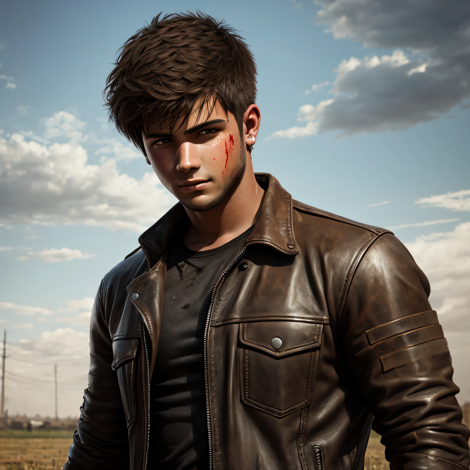 Young man in the field, in torn leather clothes, all dirty, with bloody hands, realistic drawing, 8k