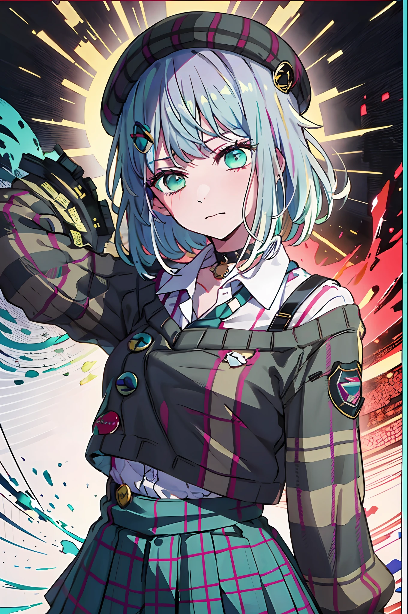 (((Dramatic)))、(((gritty)))、(((vehement))))The poster of the film appears as a central character。She is shy in the center of the poster、Wearing an idol costume、Has a determined look。The background is dark and rough、I feel like I'm drunk。Text is bold and eye-catching、Catchy slogans add to the overall drama and excitement。The color palette is dominated by dark colors.、Bright colors dotted、Make your poster dynamic and visually impactful、Tachi- e(magazine:1.3)、(cover-style:1.3)、独奏, Red gradient streak hair, short-hair, white hair, lillie(Wakka), Black beret, plaid skirts, a choker, Cyan Sweater Jacket, shirt with collar, Black plaid tie, sleeves past fingers, bluntbangs、Fashionable、with a vibrant、outfits、the pose、the front、colourfull、Dynamic、Background with、element、self-assured、Expressively、ngel、statement、attachment、An majestic、coiled、surroundings、Touch、The scene、Texto、covers、boldface、grab attention、Titles、lo fashion、Font、Catchy、Titles、Large、grab attention、moderno、 Trendy、concentrating、Stylish、1 girl in