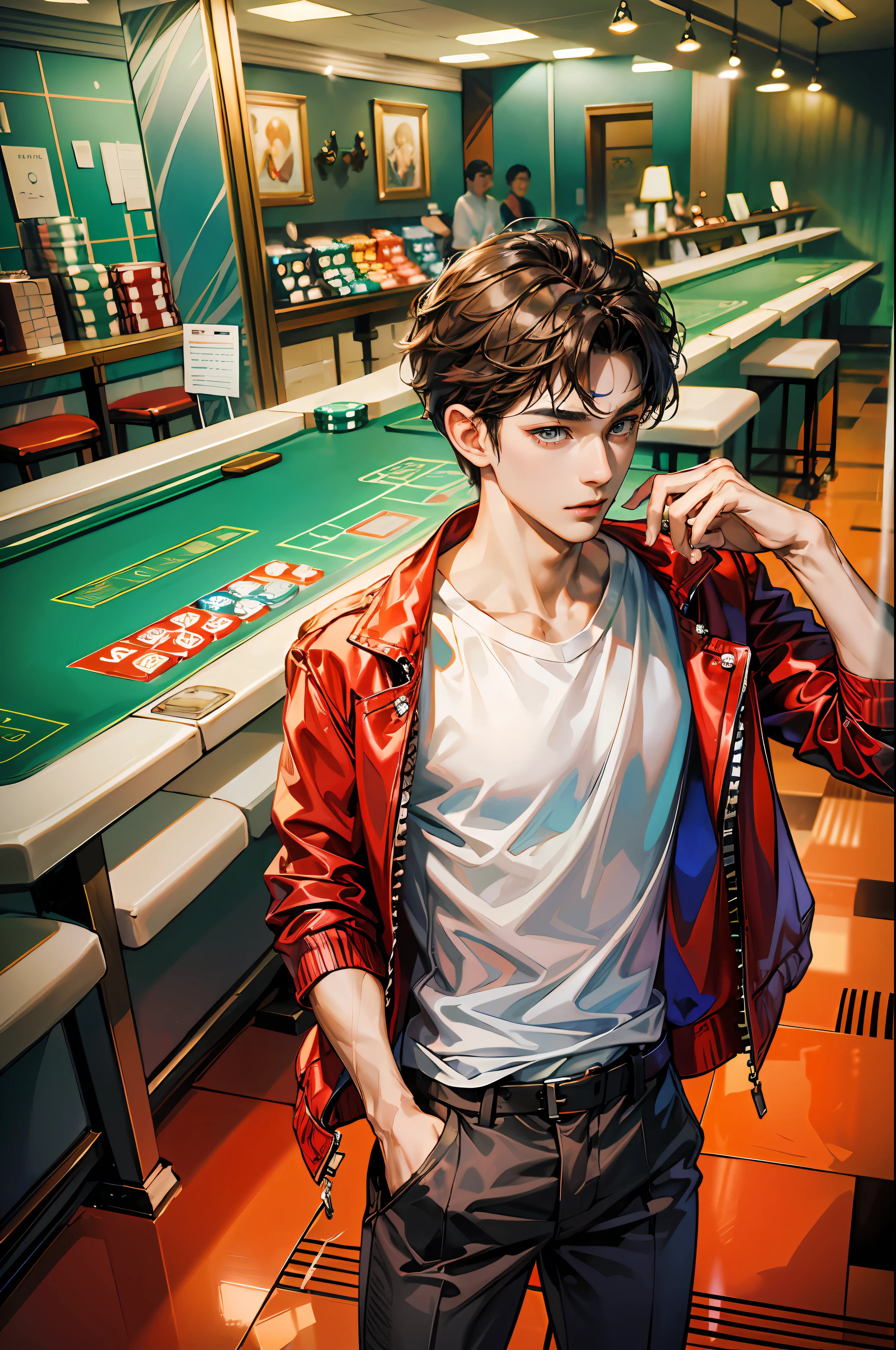 (absurderes、hight resolution、ultra-detailliert、HDR)、masterpiece、top-quality、1boy、a handsome、shorth hair、finely eye and detailed face、(white t-shirts)、(a red jacket)、casino
