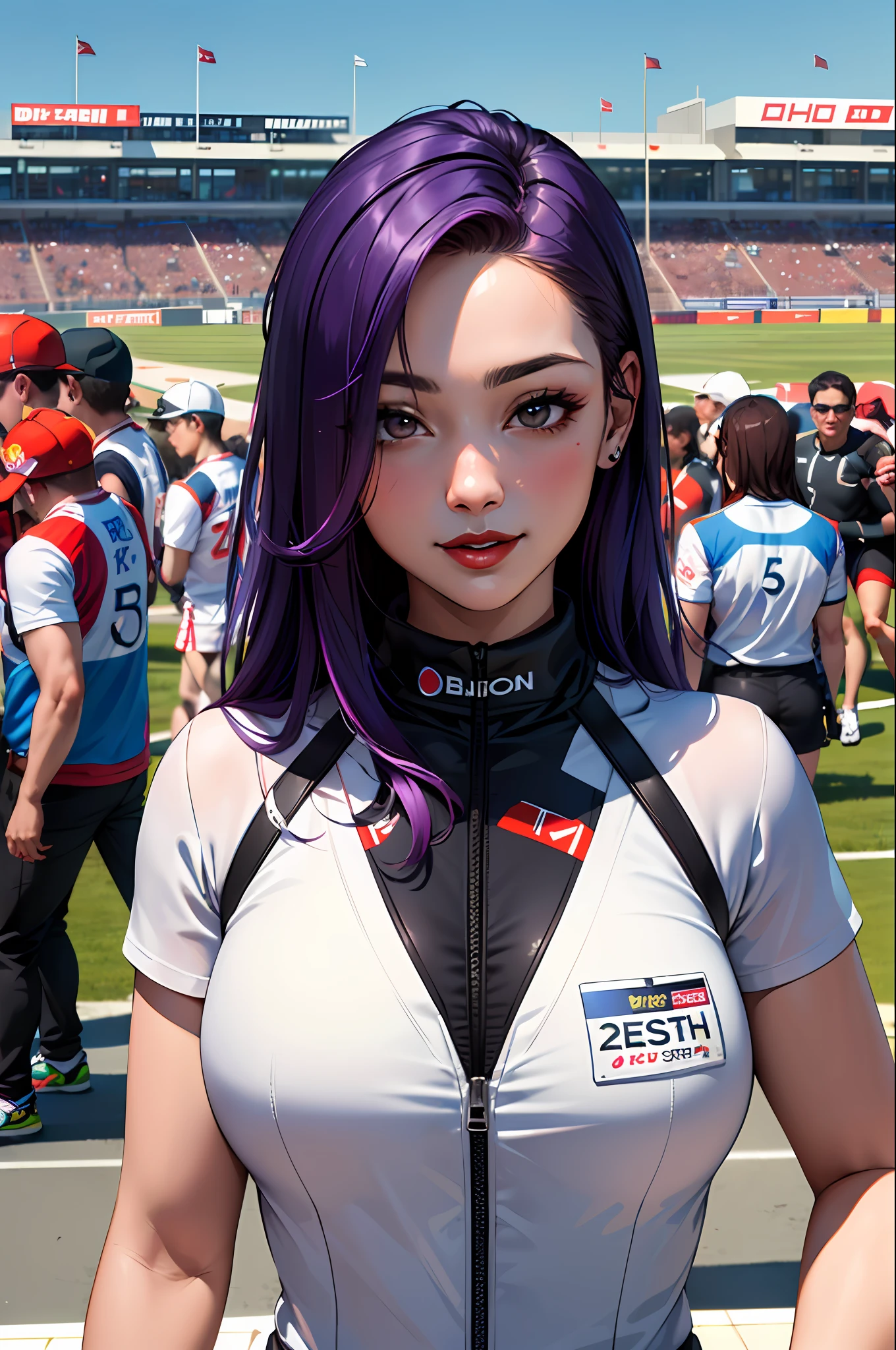 (​masterpiece:1.4)、(top-quality:1.4)、
1girl in, Bewitching Grid Girl, Purple hair, looking at the viewers, 独奏 ,realisitic,(shinny skin),(​masterpiece:1.4),(top-quality:1.4),red-lips,racing venue