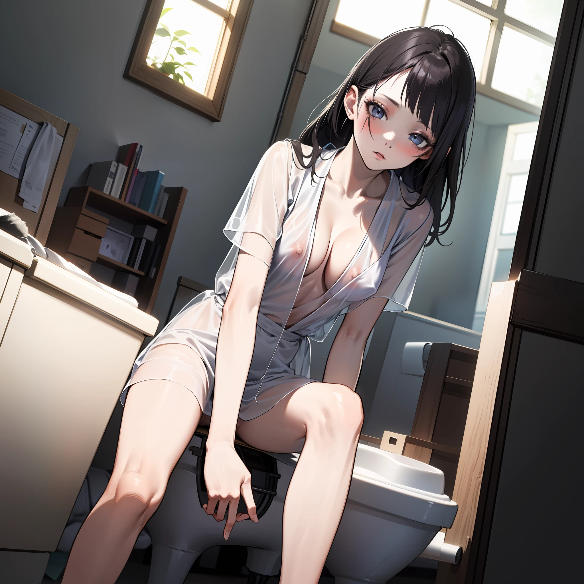 (NSFW1.5)、(I'm afraid of the toilet 1.4)、), ((see-through langerie:1.4))、((barechested:1.4))、look at viewr, Master masterpiece、top-quality、The ultra -The high-definition、Top resolution、ighly detailed、Professional Lighting、CG Illustration、Thin、Very cute、small tits 、 droolng、(cleavage of the breast:1.2), Dark hair、Semi-long hair、blushed、Open legs、Raise your legs、From below、a sailor suit、(((nipple1.3)))、  The nipple is visible、Pubic hair is visible