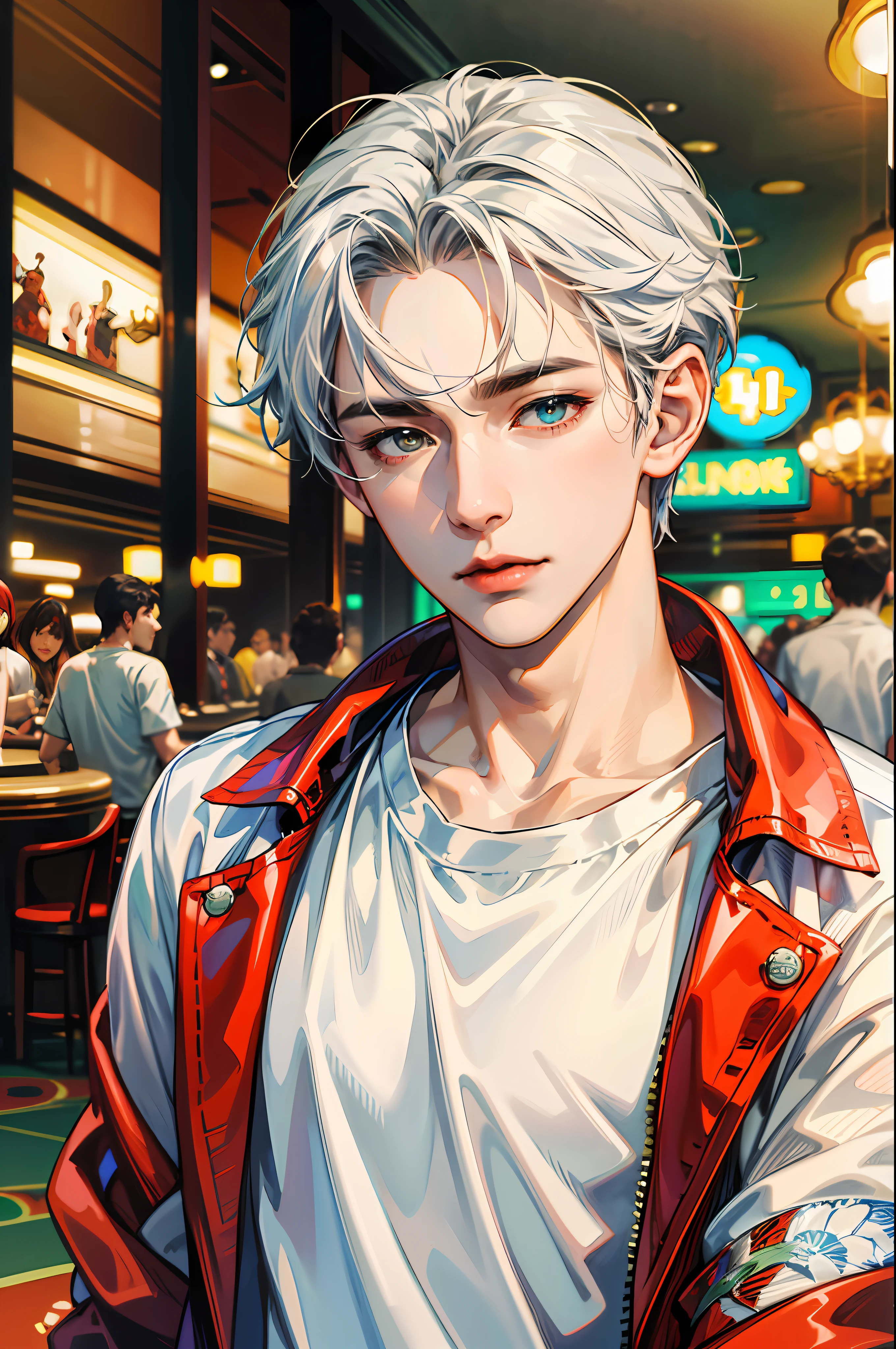 (absurderes、hight resolution、ultra-detailliert、HDR)、masterpiece、top-quality、1boy、a handsome、shorth hair、finely eye and detailed face、(white t-shirts)、(a red jacket)、casino