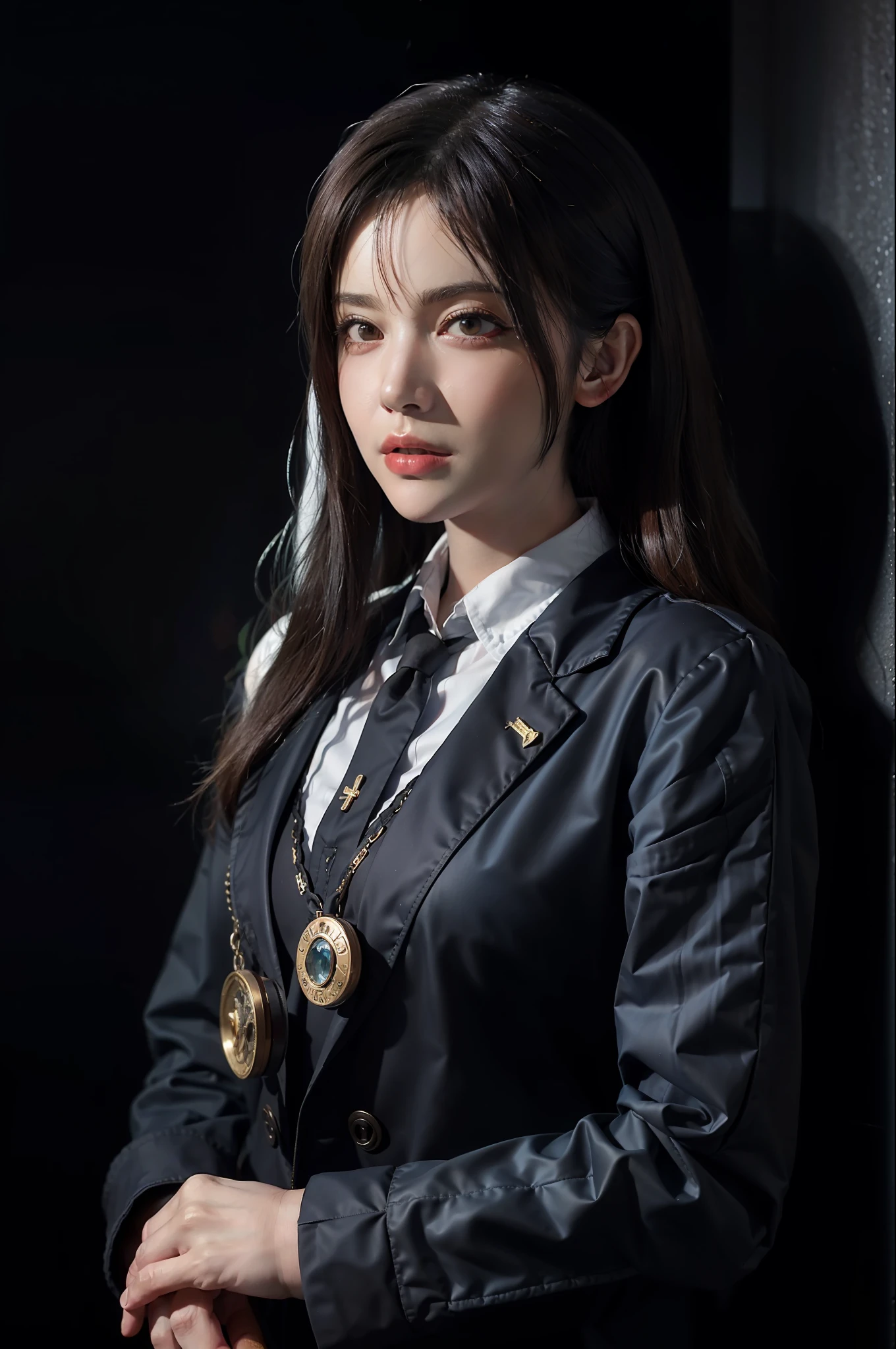 Hyperrealist portrait of female by david hockney and alphonse mucha,fantasy art, photo realistic, dynamic lighting, artstation, poster, volumetric lighting, very detailed faces, 4 k, award winning,, 1girl, in the dark, deep shadow, low key,cowboy shot,(official clothing:1.4) ,long hair,white hair,