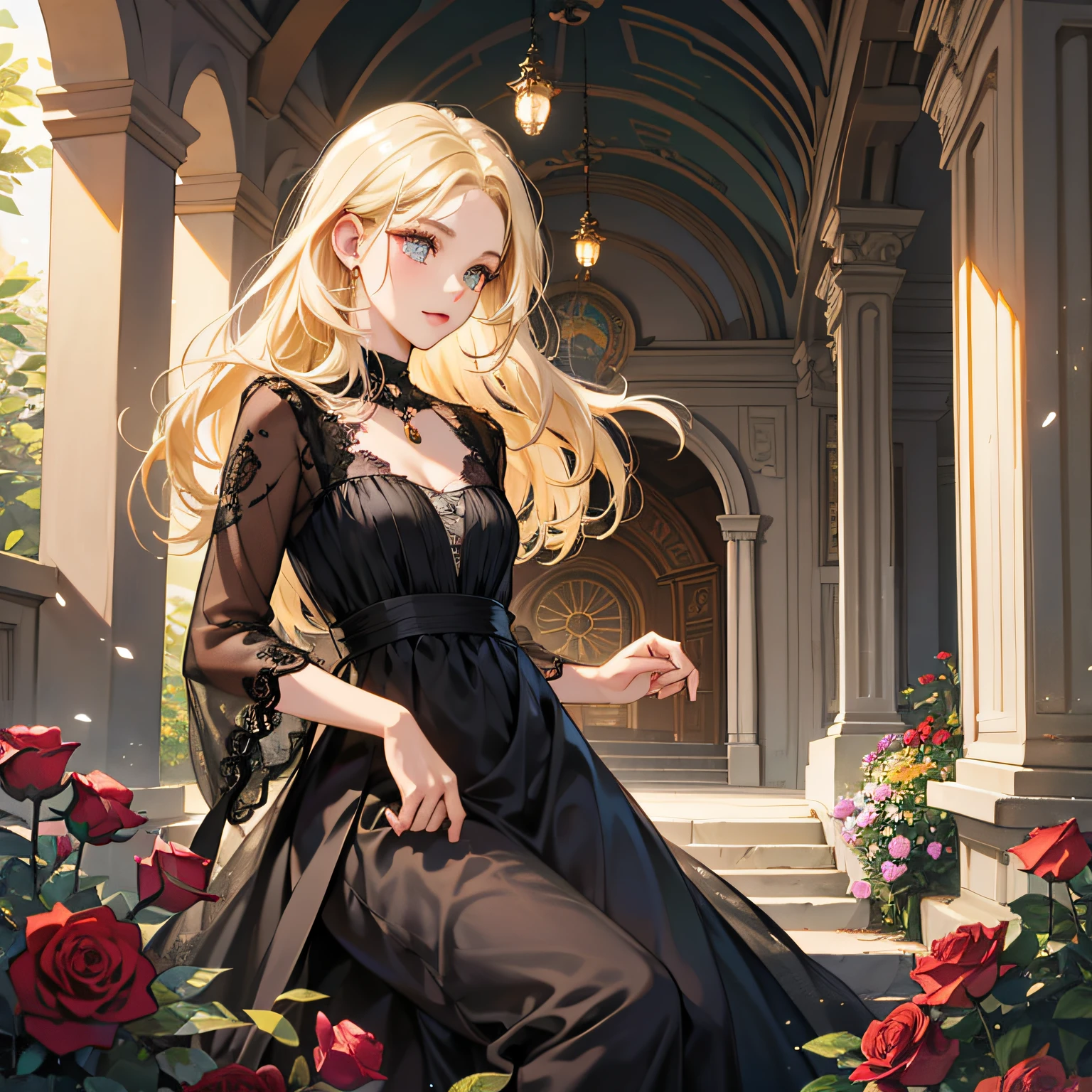 a blond,Princess Cut,odd eye,Older sister,diet,long,Red Rosa,tiarra,Black Dress,curlyhair,small tits,Cool,Rose Dress,embroideries,oriental,A sexy,Sareme,Only one person,garden,Pendants,chapel
