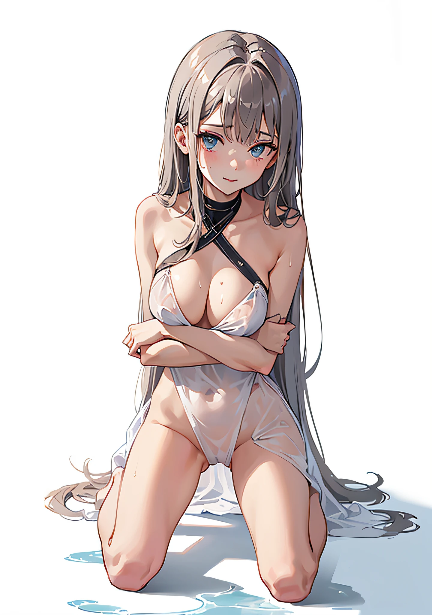 (1girl sitting and kneeling), (spread legs:1), sexy. medium breast, thin white robe, smirking, nsfw, see through, naked, soaking wet, show off, front view, arms on ground, peeing