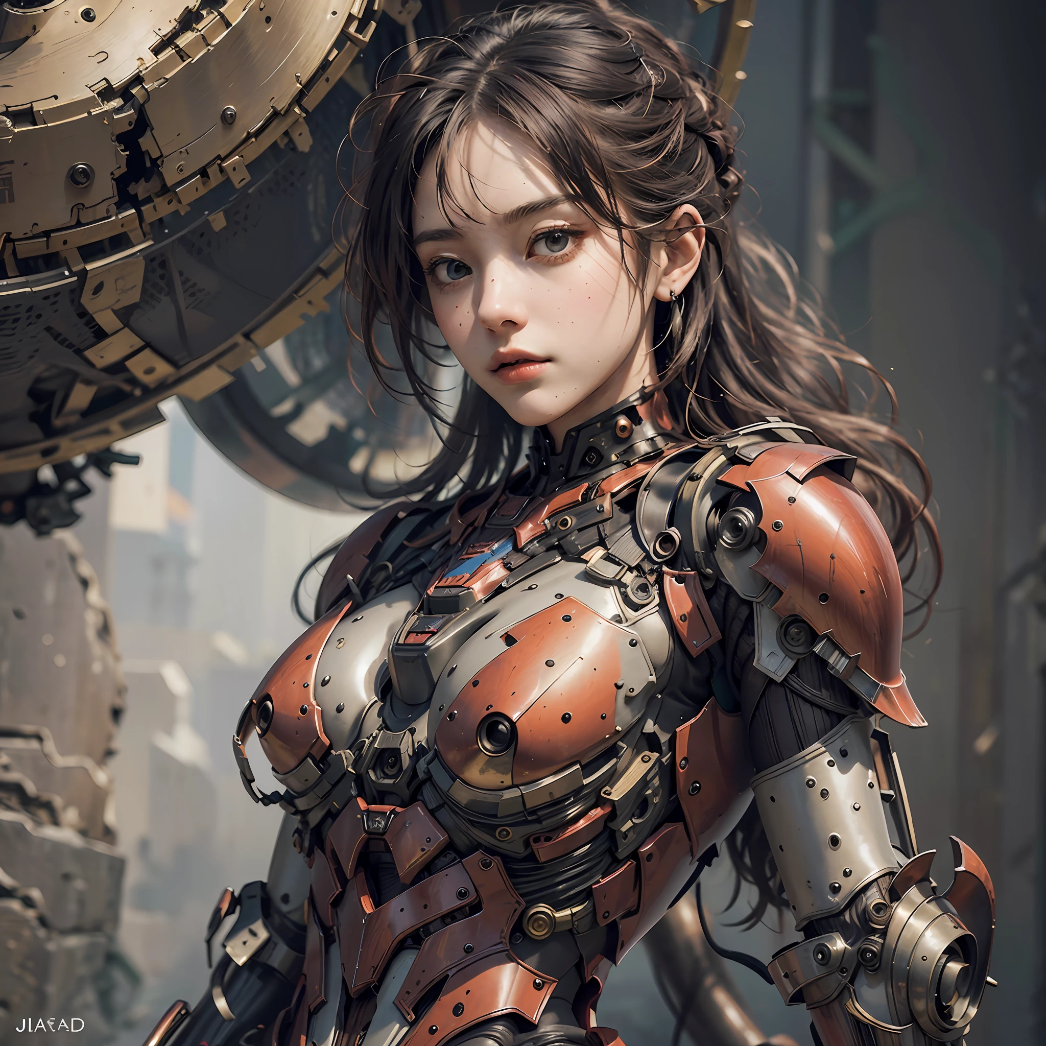 (Masterpiece), (Best quality), Photorealism, Realistic, Ultra detailed, Perfect face, Perfect body, 1girll, Beautiful girl, Girl in red armor, Mechanical armor, exoskeleton, Stand, Cool pose, Sexy, Watching from behind