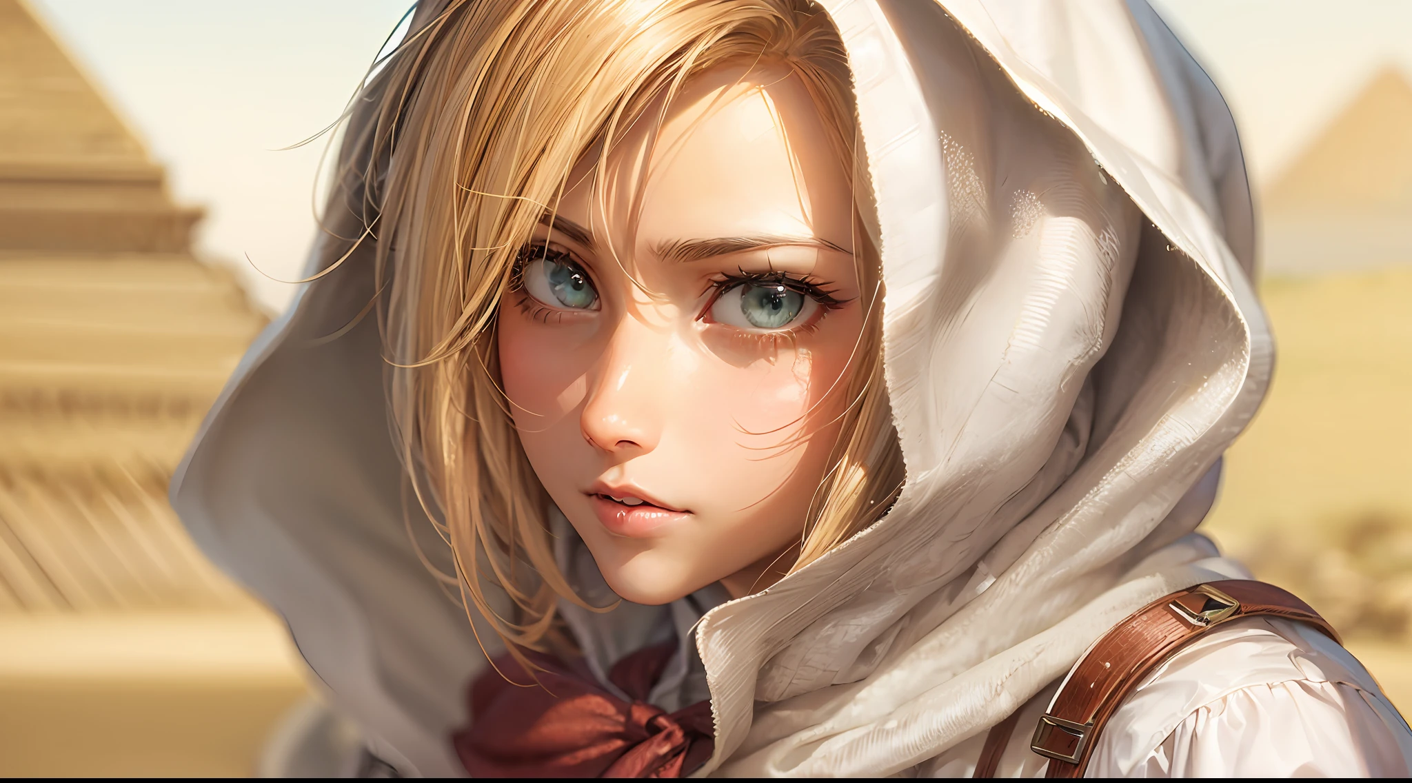 (Attack on Titan、Annie Leonhart)、(White long-sleeved shirt)、Young、Cute、a beauty girl、Perfect Style、huge tit、Emphasizes cleavage、deadpan、realisitic、realistic、8k、ighly detailed、top-quality、Top image quality、超A high resolution、masterpiece、one girls、(Egyptian pyramids in the background)、