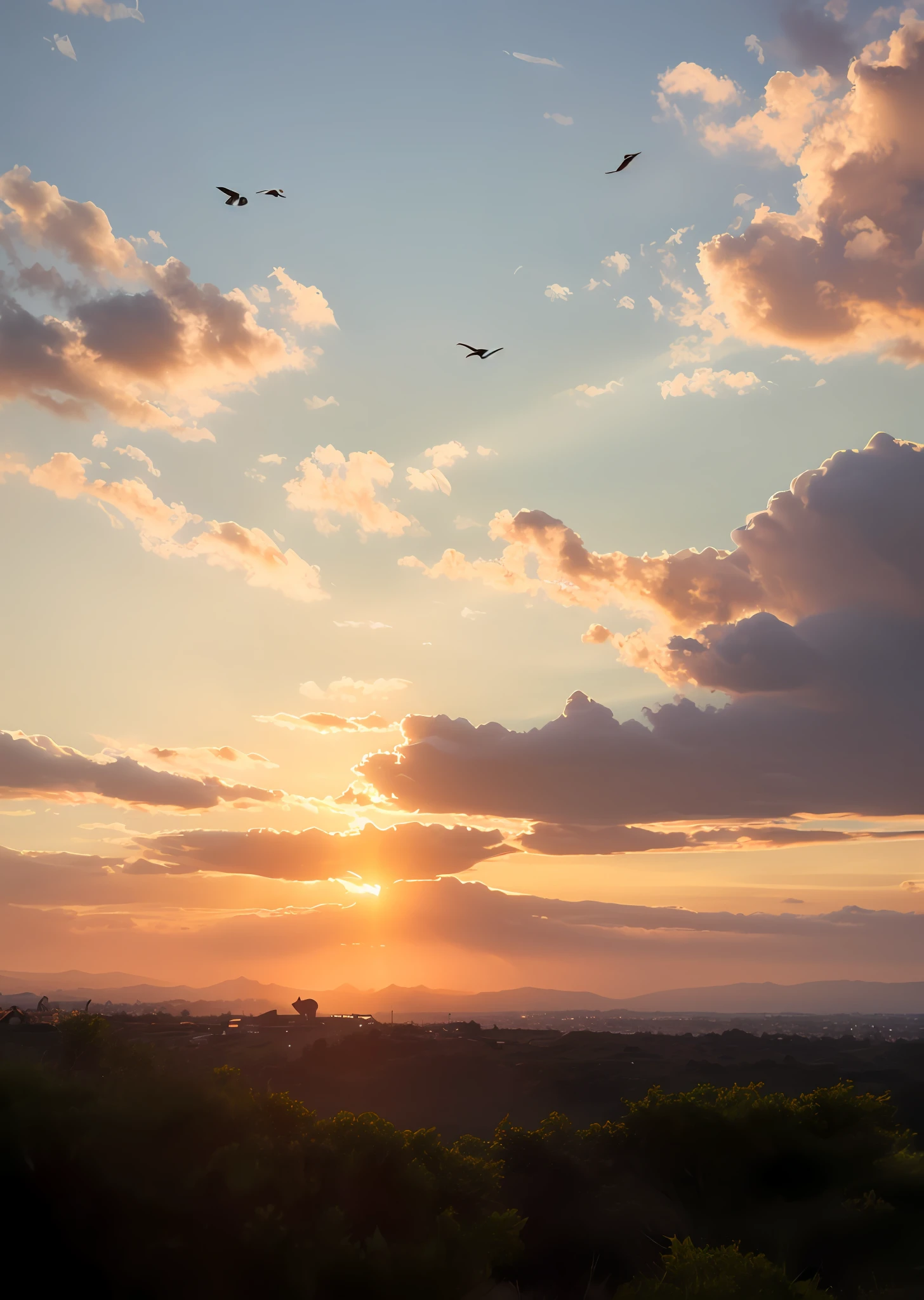 there are many birds flying in the sky at sunset, SUNSET ILLUSTRATION, dois guindastes voando pelo sol, sun sunset, setting sun, Sunset, nascer do sol, sol vermelho no fundo, red sunset, flying birds in distance, flying through sunset, flying birds in the distance, sunset in the background, nascer do sol, it is sunset, birds flying in the distance --auto