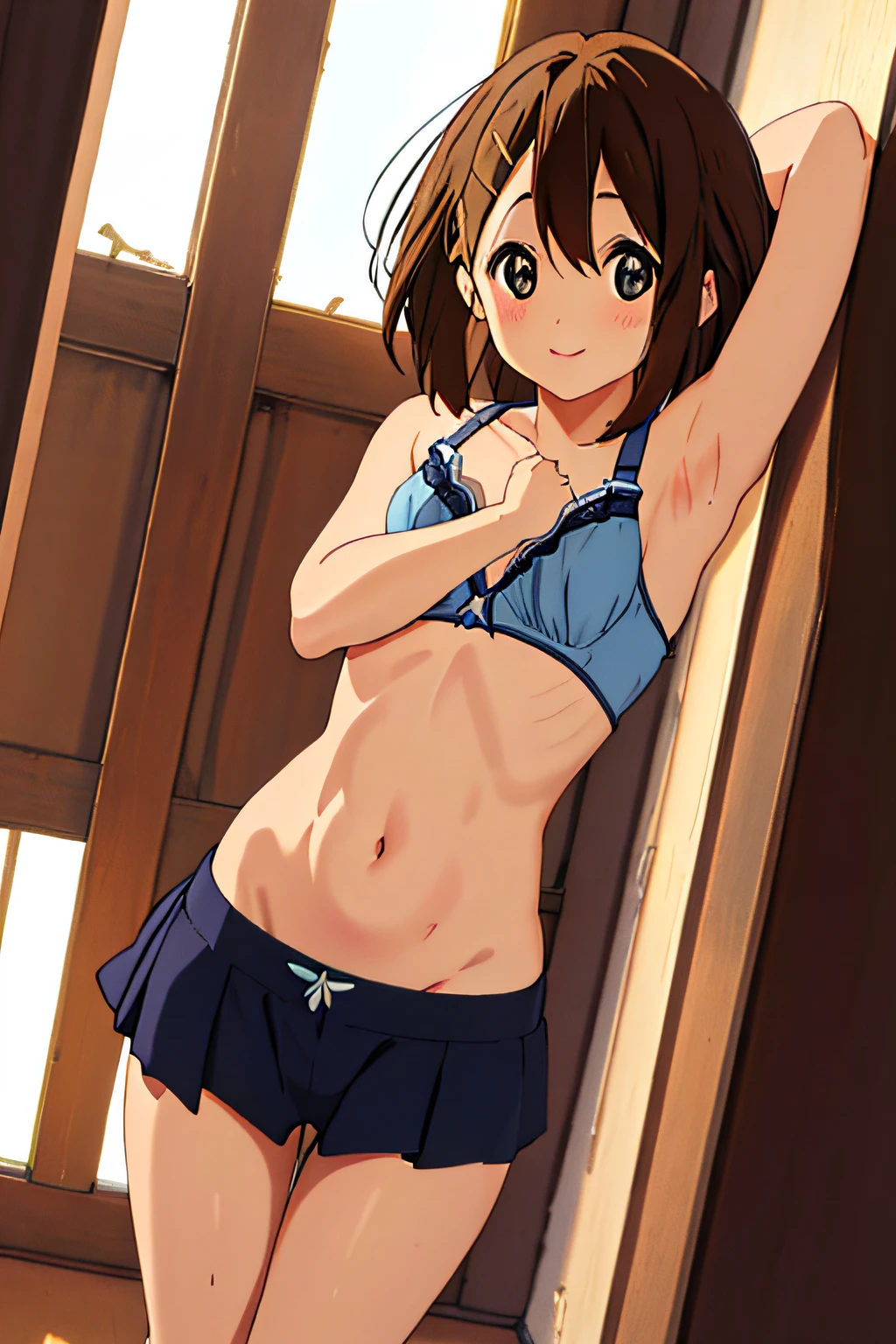 (best quality, masterpiece, high resolution:1.4),
(1girl, solo, Ritsu Tainaka), (underwear, bra, panties, bra and panties only, no clothes, no shirt, shirtless, no shorts, no skirt, naked),
smug, smile, hide hands, perfectionism, post processing, vibrant, max detail, insanely detailed, sexy, armpit focus, armptis, sweaty armptis, navel, sweat, feet focus, cute, cameltoe