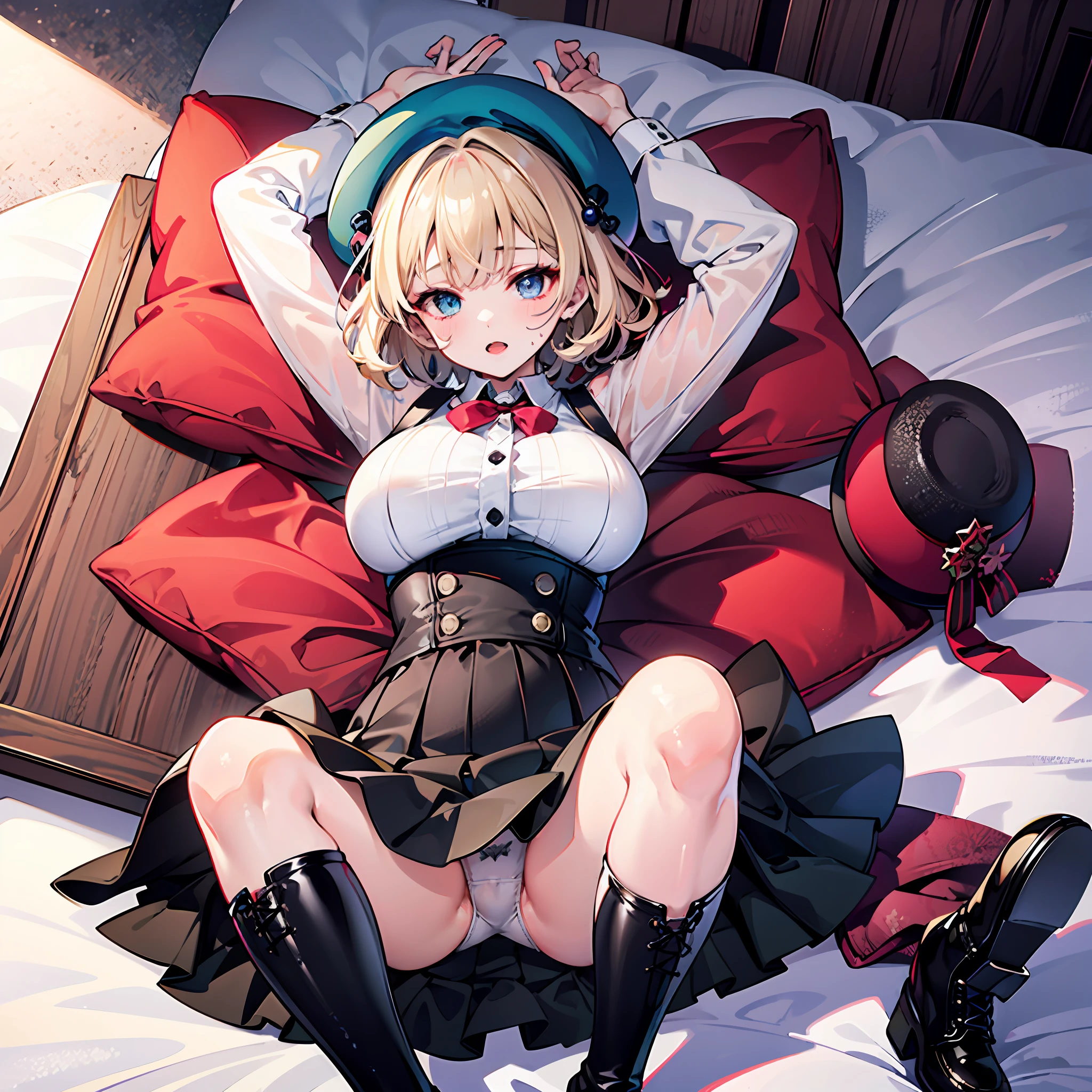 1girl, large breasts, thighhighs,solo, thigh boots, white shirt, black skirt, black footwear, (((masterpiece,high resolution,best quality))), solo,wine bottle, lying, blonde hair, on back, looking at viewer, open mouth, solo, blush, wet clothes, heart, arms up, wet, bed sheet, huge breasts, (beret :1.8), short hair, (iwanagakotoko:0.9), in bed, bedroom, bed, pervert, white panties