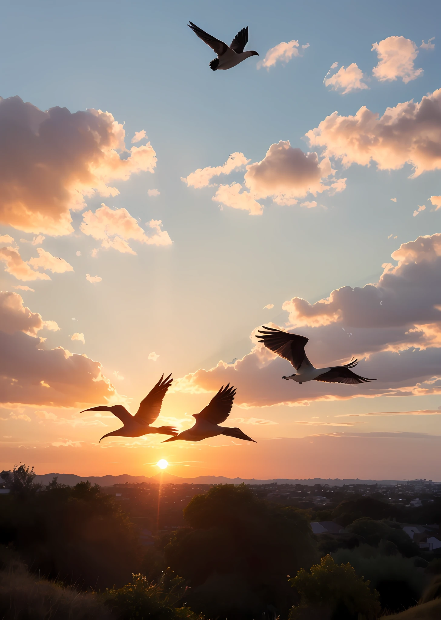 there are many birds flying in the sky at sunset, SUNSET ILLUSTRATION, dois guindastes voando pelo sol, sun sunset, setting sun, Sunset, nascer do sol, sol vermelho no fundo, red sunset, flying birds in distance, flying through sunset, flying birds in the distance, sunset in the background, nascer do sol, it is sunset, birds flying in the distance --auto