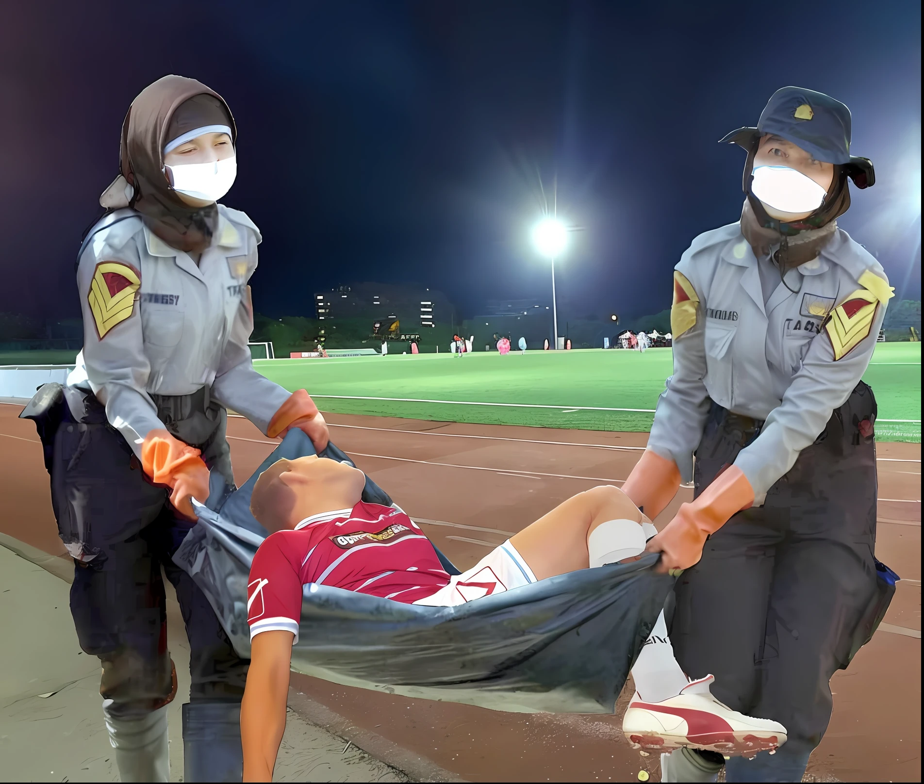 a soccer scene in a chinese sports stadium, rainy weather, wet ground, rainfall, injury scene in a sports stadium, stretcher carry, there are four female medics in wet raincoats who carrying a stretcher, there are four female medics in wet raincoats who are carrying a stretcher in a rainy sports stadium, there is a wounded male soccer player in a matte short cotton sports outfit lying on the stretcher, an injured male soccer player is lying on his back on a stretcher and is rearing up in agony, a soccer player is rearing up in pain while lying on his back on a stretcher, dramatic scene, theatralic posing scene, dramatic pity scene, injury soccer, first aid, help, pity, there are four female medics in shiny raincoats who are looking very sad and very terrified and very shocked, the injured soccer player is screaming out in pain while he is carried from the pitch on a stetcher through the rain