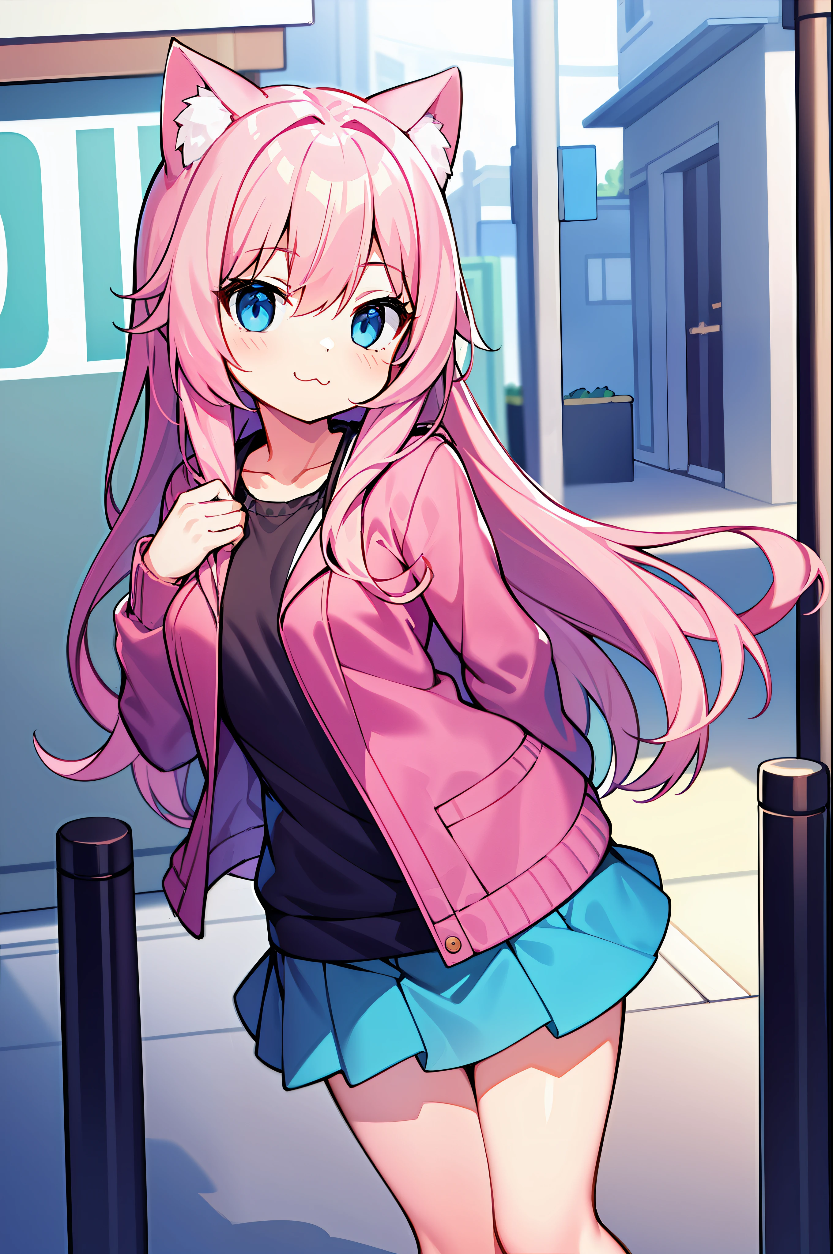 tmasterpiece, Need, 1girl, A pink-haired, long whitr hair, a skirt，Bigchest，blue color eyes，cat ear, looking at viewert, :3, adolable, jaket, exteriors, the street,