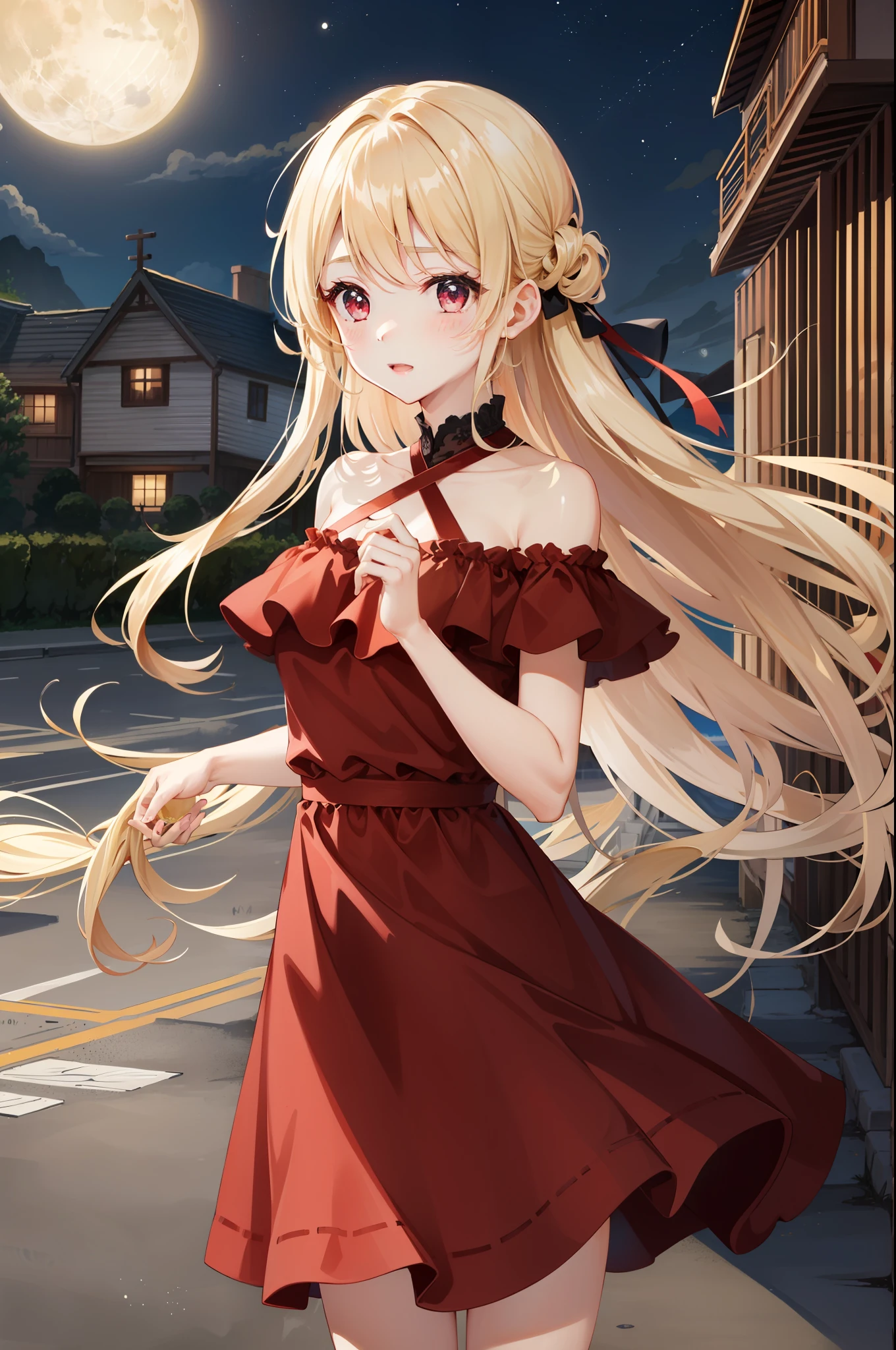 a blond、red eyes、女の子1人、RED dress、off shoulders、a moon、natta