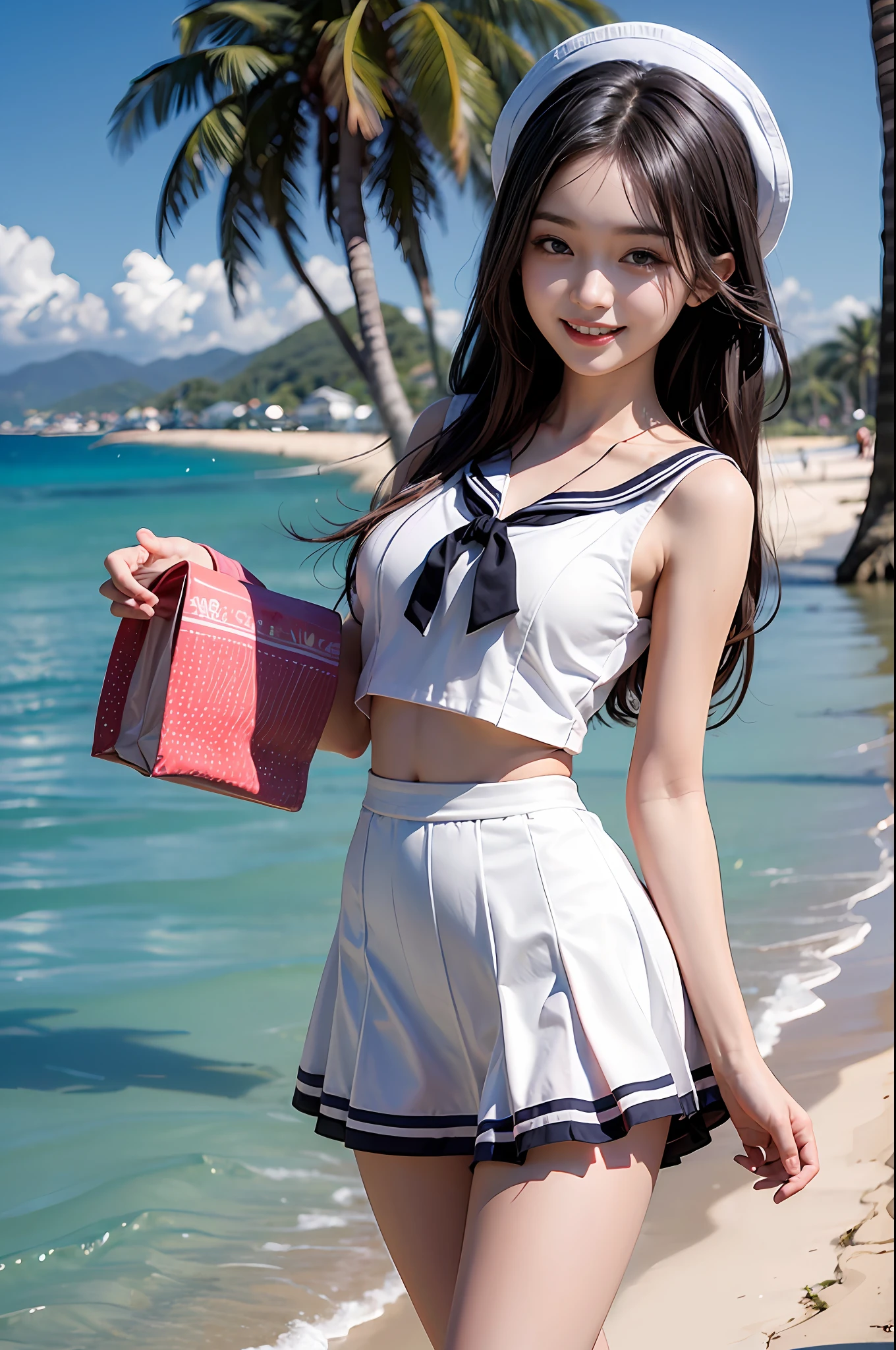 1girll,double tails,beach,White sailor suit and short skirt,16-year-old female model，Smile