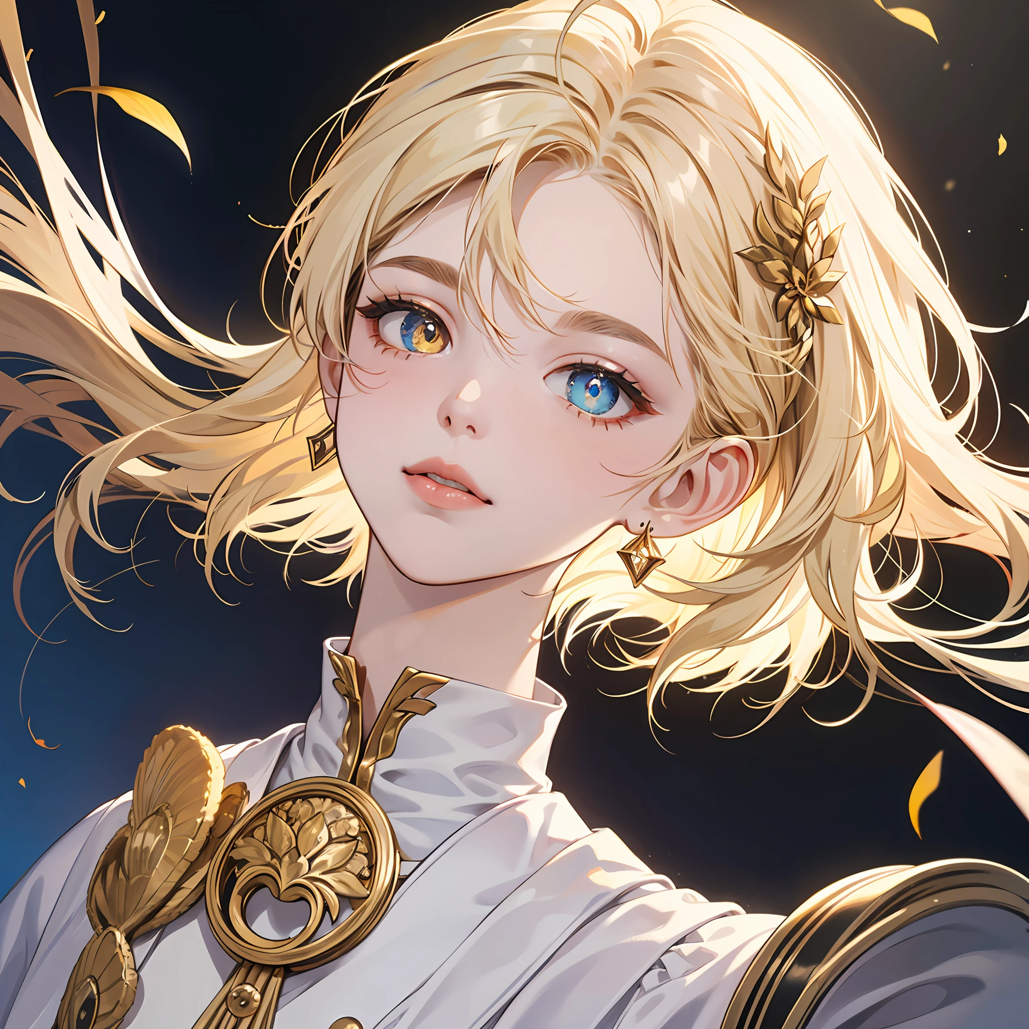 Superb picture quality,The upper part of the body,solo person,femele,The head is slightly tilted to the left,facing to audience,white color hair,Short hair on the front,SideBraid,Expose part of the ears and large eyes,Blonde hair ornament on the left,Gold earrings,Look to the top right corner,Heterochromic pupils of golden-blue color,The mouth is slightly open and natural,Lighting in the upper left corner,White clothes,White skin of the,Black and gold accessories --auto