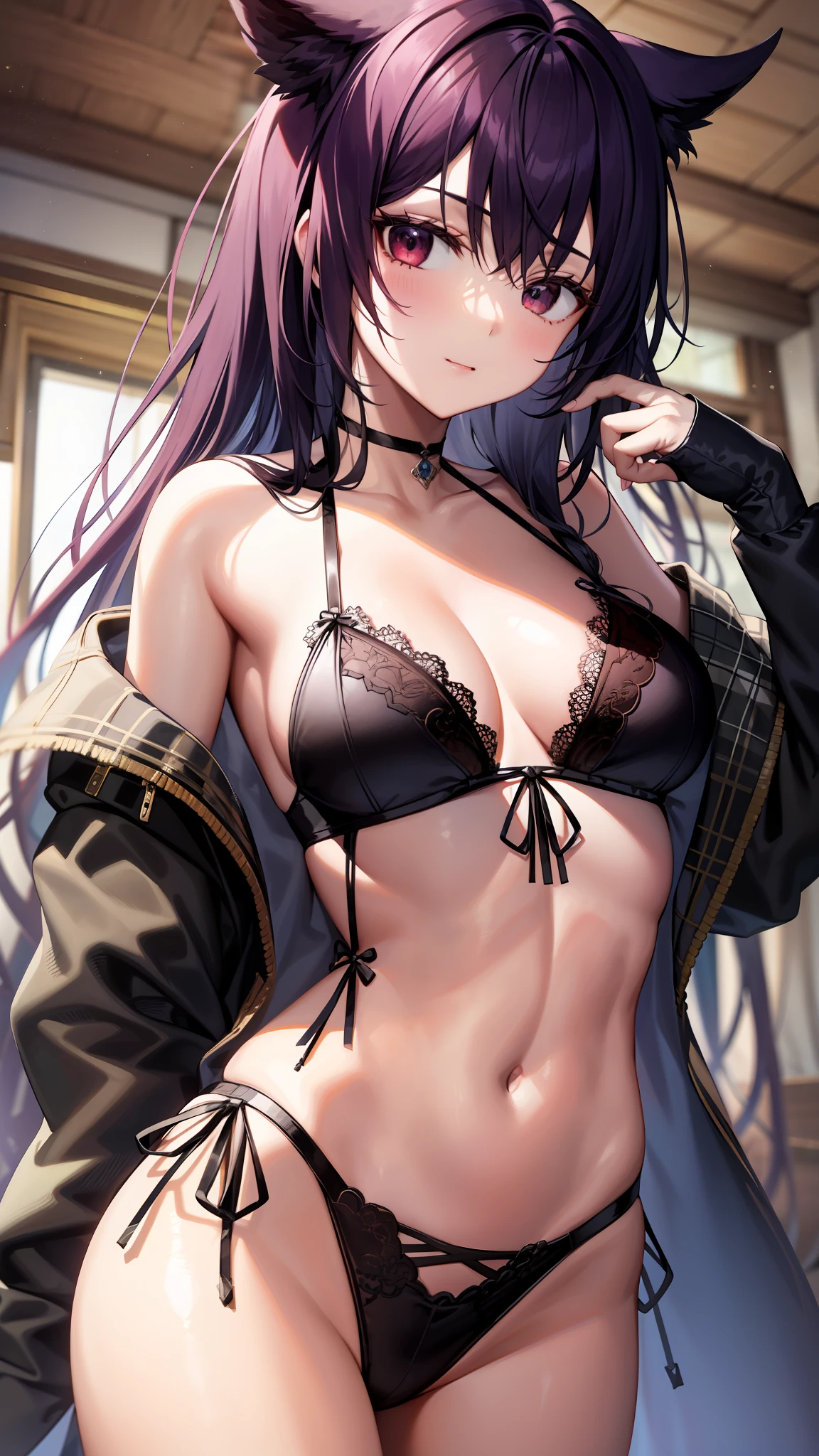 1girl in、Velvet Crow、in one's underwear only、Red-black lingerie、独奏、Hi-Res、absurderes、