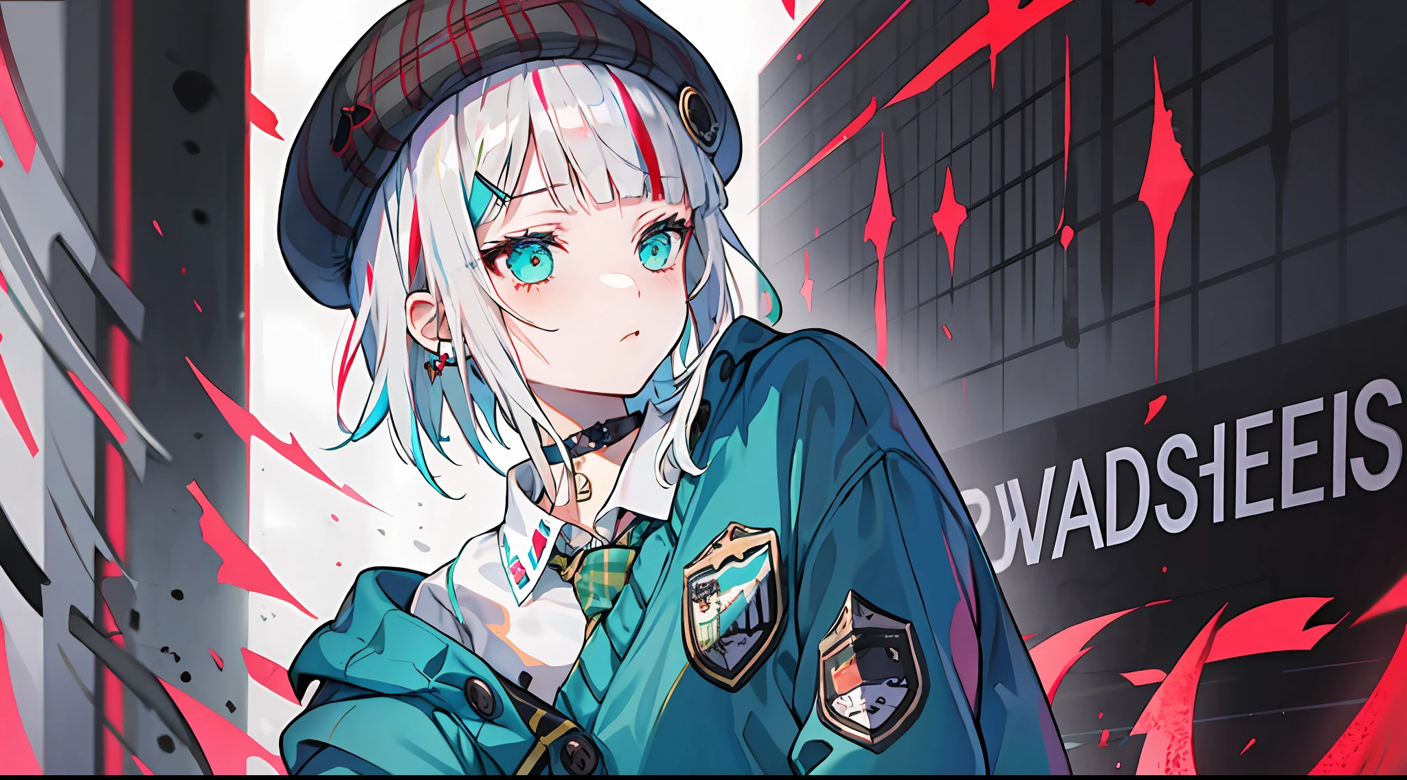 best quality, masterpiece, 1girl, solo, red gradient streaked hair, short hair, white hair, lily (wacca), black beret, plaid skirt, choker, cyan sweater jacket, collared shirt, black plaid necktie, sleeves past fingers, blunt bangs