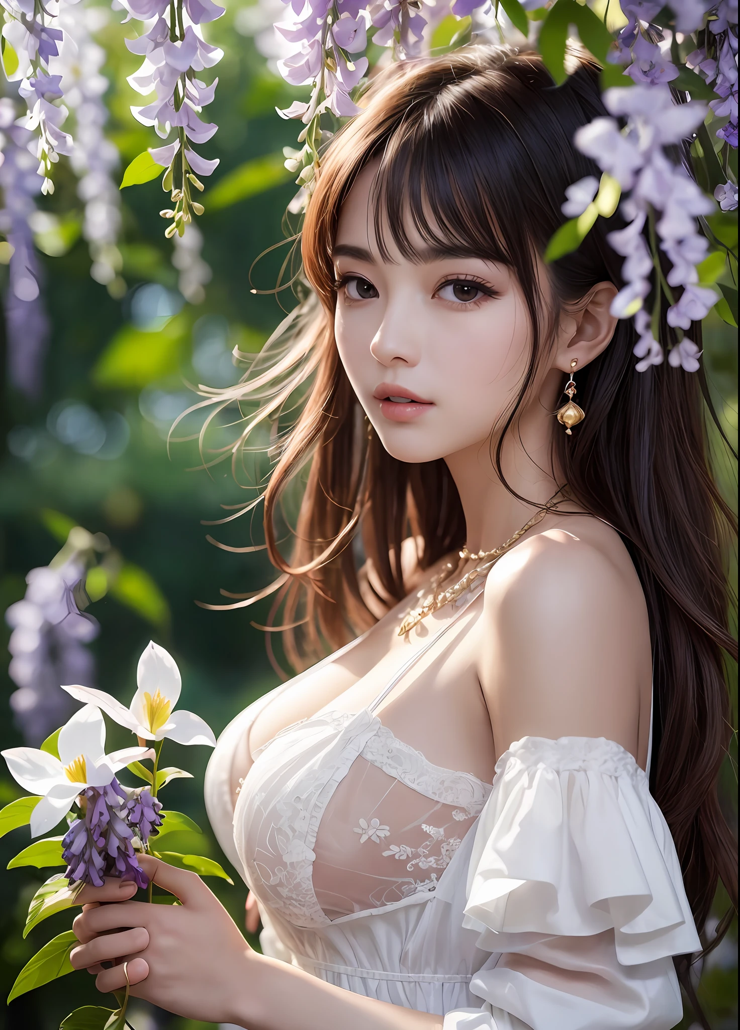 Beautuful Women、(top-quality、in 8K、32K、masterpiece、nffsw:1.3)、(Photorealsitic:1.4)、realisitic:1.2、Detailed skin、Elegance、top grade、Sunglare、lensflare、Detailed shading by sunlight、depth of fields、blurry backround、( White off-the-shoulder dress)、Wisteria shelf、Wisteria flower background、ear ornament、lady's、a necklace、(A sexy:1.2)、breastsout、