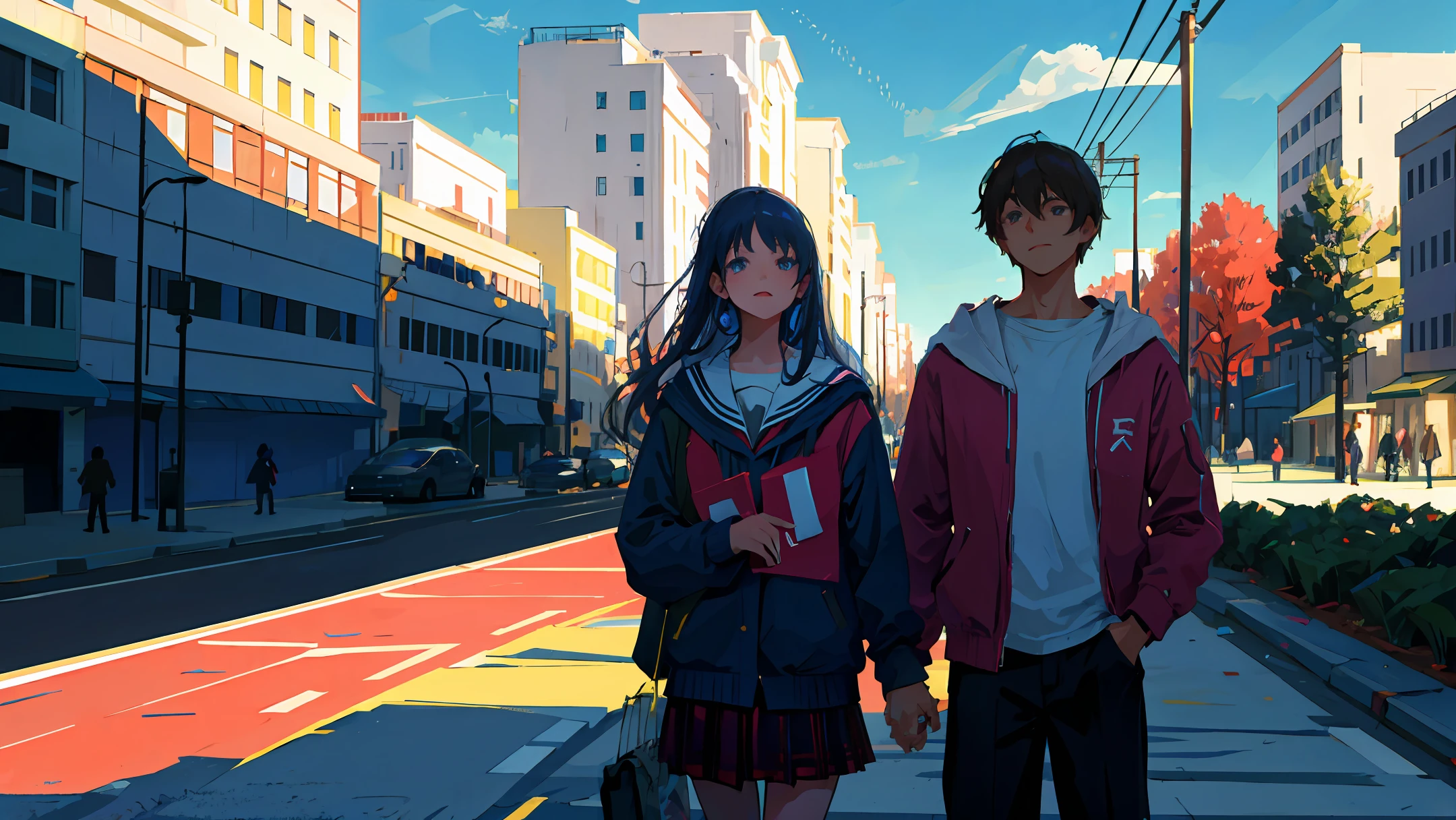 A couple，Twilight walking hand in hand in the school playground