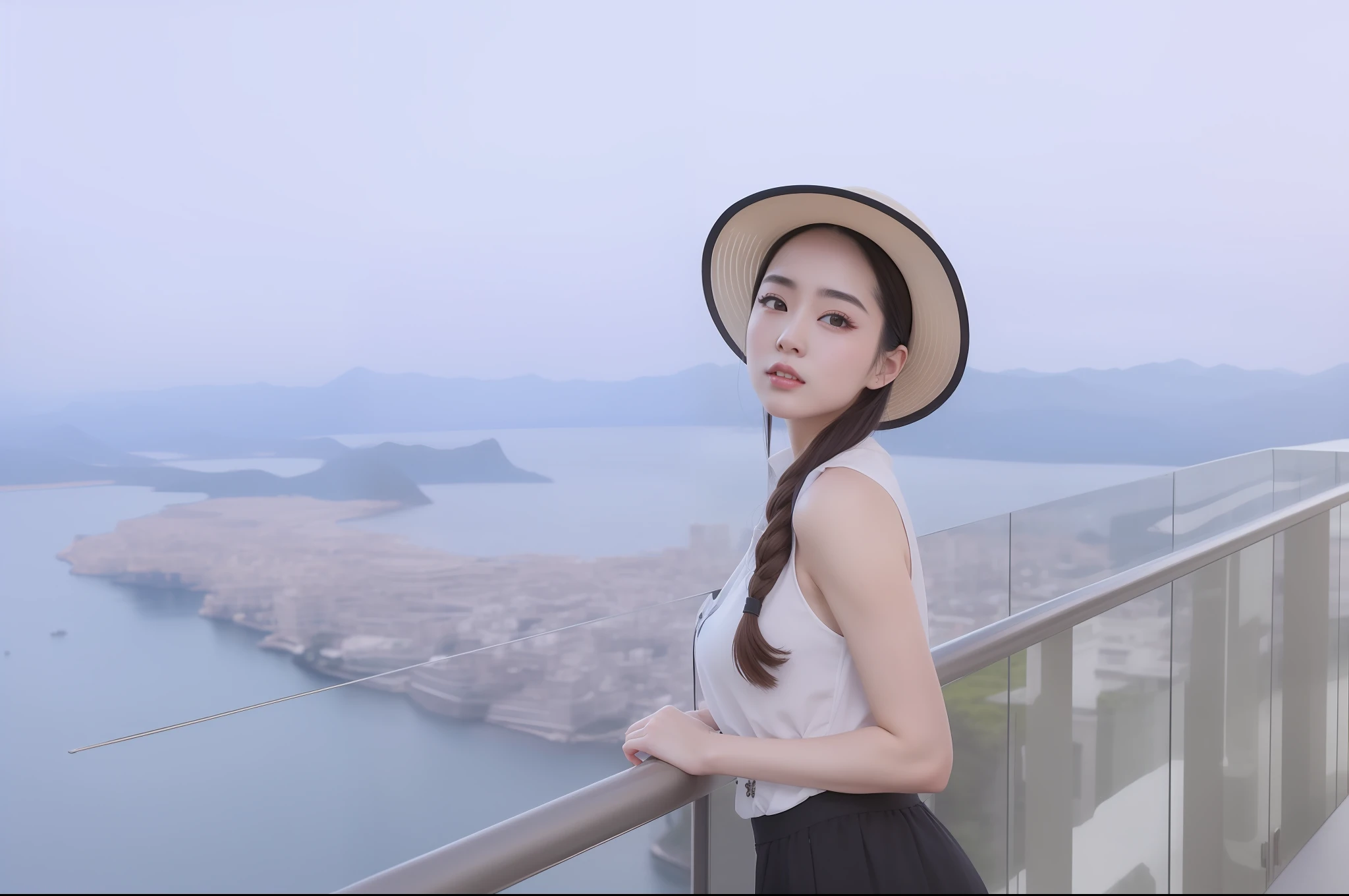 Longing woman standing on balcony overlooking large expanses of water, queen of the sea mu yanling, dilraba dilmurat, Handsome girl, xintong chen, full-body xianxia, Li Zixin, wenfei ye, Yoshitomo Nara, Chinese girl, Korean girl, ruan jia beautiful!