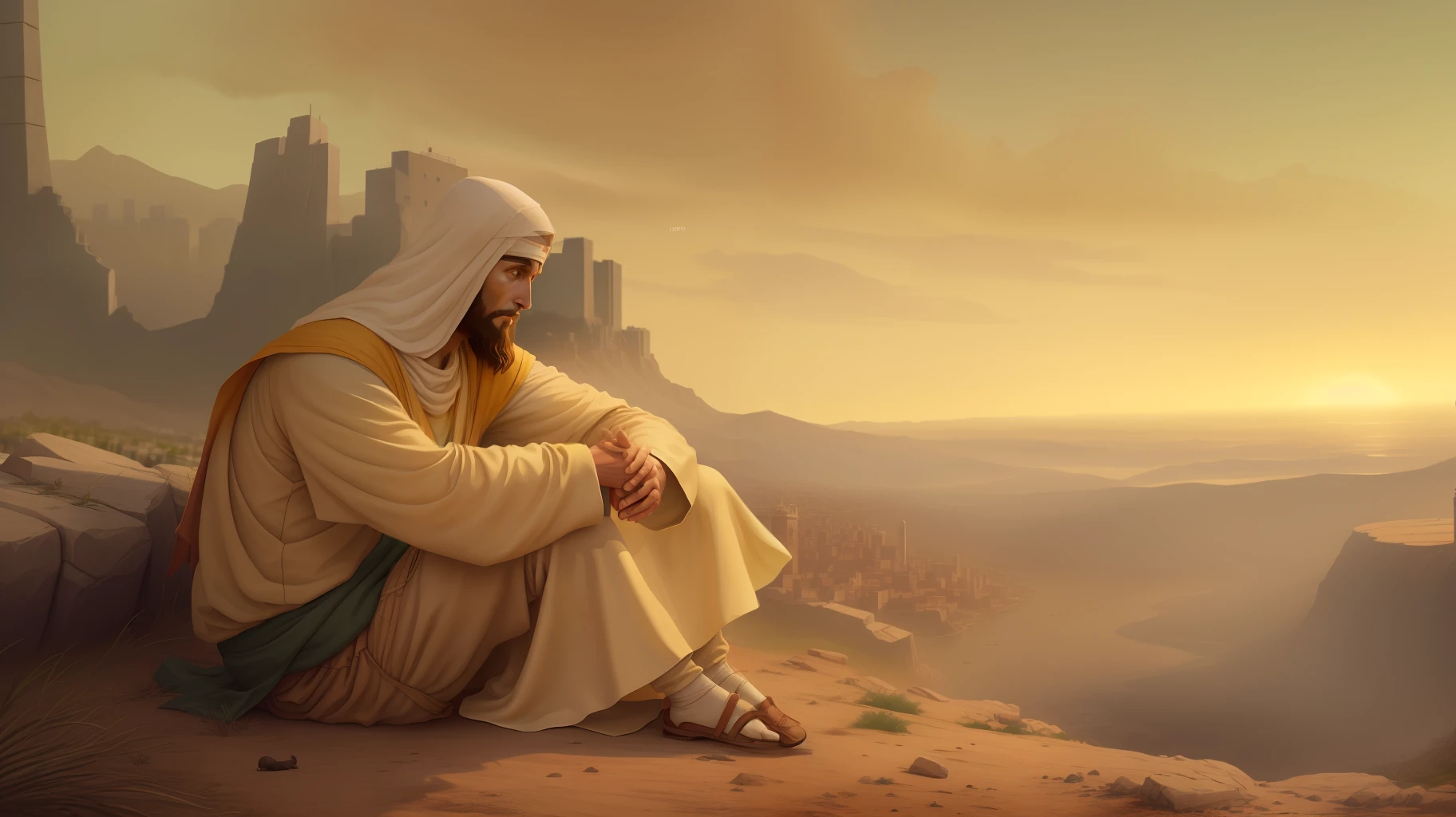 Jesus shows a city to the disciples, bible illustration, epic biblical representation, imagem super realista, hiper realista, cinematic lighthing, beautiful depiction, Realistic, 4k, HDR