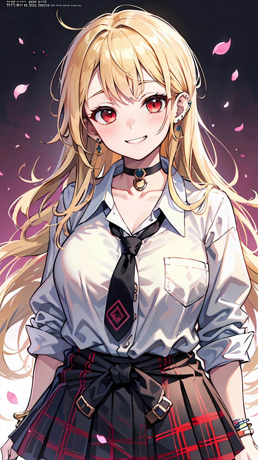 masterpiece, best quality, full body, 1girl, bangs, black choker, black necktie, blonde hair, blue skirt, blush, bracelet, breasts, choker, clothes around waist, collarbone, collared shirt, cowboy shot, dress shirt, ear piercing, eyebrows visible through hair, gradient hair, grin, gyaru, jewelry, kogal, long hair, looking at viewer, loose necktie, necktie, piercing, plaid, plaid skirt, pleated skirt, red eyes, ring, school uniform, shirt, skirt, smile, solo, white shirt, street, sky, cherry blossoms, petals,illustration, (magazine:1.3), (cover-style:1.3), fashionable, woman, vibrant, outfit, posing, front, colorful, dynamic, background, elements, confident, expression, holding, statement, accessory, majestic, coiled, around, touch, scene, text, cover, bold, attention-grabbing, title, stylish, font, catchy, headline, larger, striking, modern, trendy, focus, fashion,