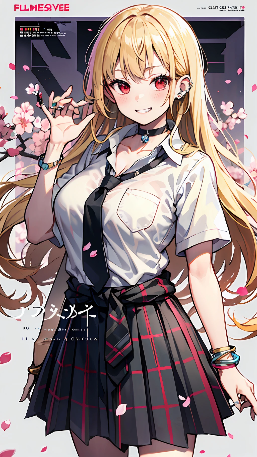 masterpiece, best quality, full body, 1girl, bangs, black choker, black necktie, blonde hair, blue skirt, blush, bracelet, breasts, choker, clothes around waist, collarbone, collared shirt, cowboy shot, dress shirt, ear piercing, eyebrows visible through hair, gradient hair, grin, gyaru, jewelry, kogal, long hair, looking at viewer, loose necktie, necktie, piercing, plaid, plaid skirt, pleated skirt, red eyes, ring, school uniform, shirt, skirt, smile, solo, white shirt, street, sky, cherry blossoms, petals,illustration, (magazine:1.3), (cover-style:1.3), fashionable, woman, vibrant, outfit, posing, front, colorful, dynamic, background, elements, confident, expression, holding, statement, accessory, majestic, coiled, around, touch, scene, text, cover, bold, attention-grabbing, title, stylish, font, catchy, headline, larger, striking, modern, trendy, focus, fashion,