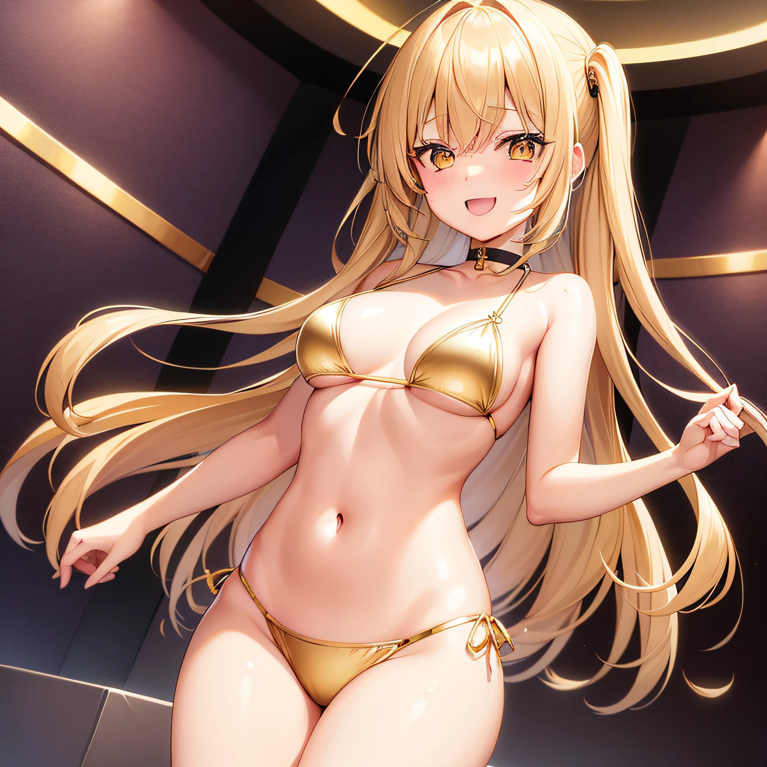 1girl in, {{{{Kokoro Tsurumaki}}}}, {{{Band Dream!}}}, Gold Hair,  Shining gold eyes, Bangs, medium breasts,Gold Bikini,Smile,, [Open mouth],