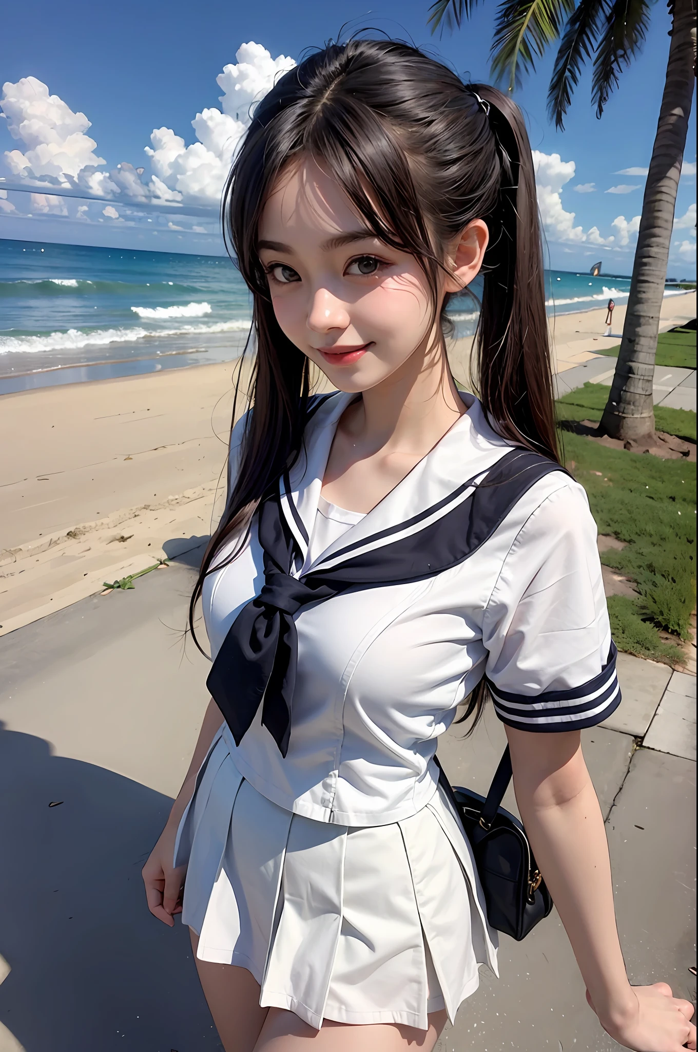 1girll,twintails,beach,White sailor suit and short skirt,16-year-old female model，smile