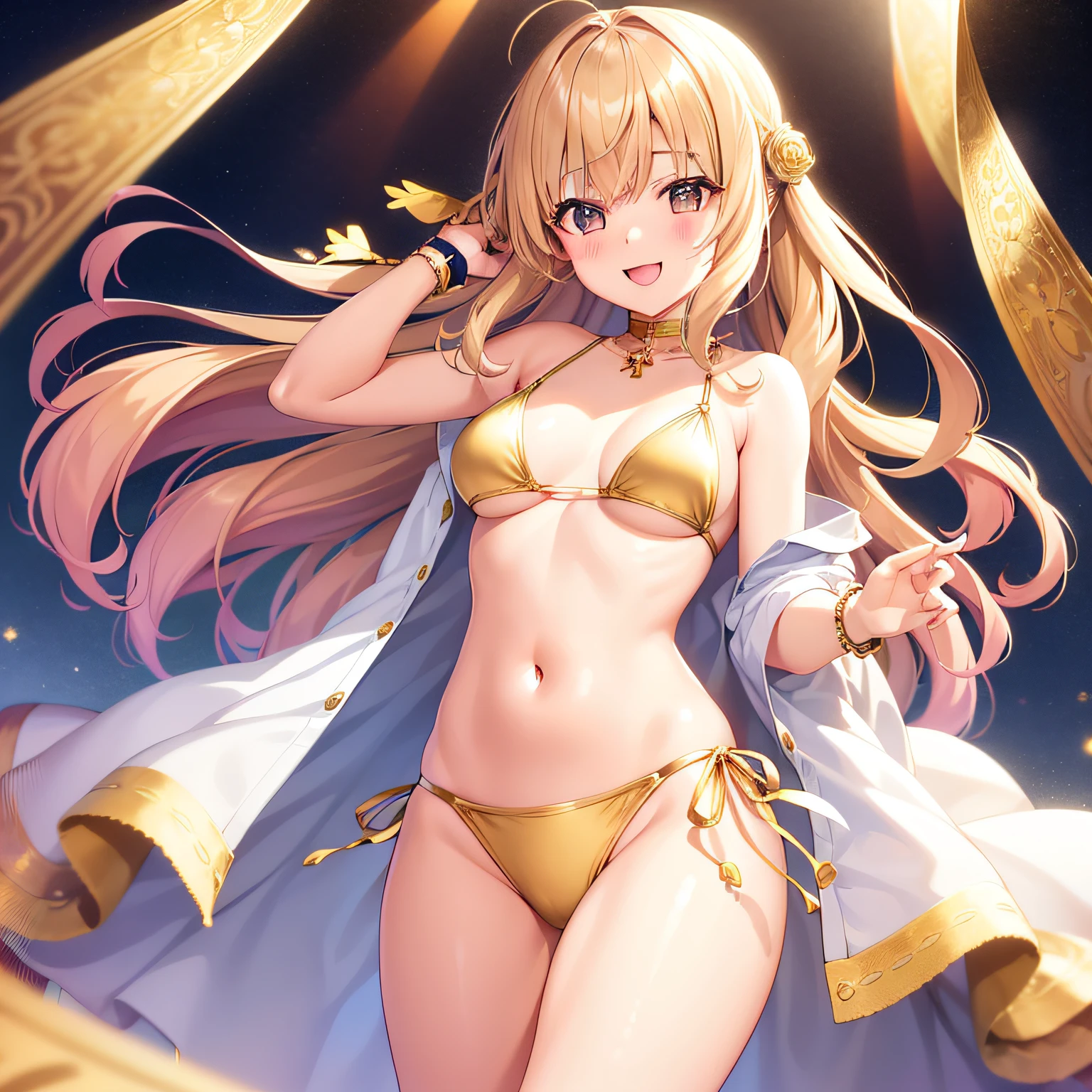 1girl in, {{{{Kokoro Tsurumaki}}}}, {{{Band Dream!}}}, Gold Hair,  Shining gold eyes, Bangs, medium breasts,Gold Bikini,Smile,, [Open mouth],