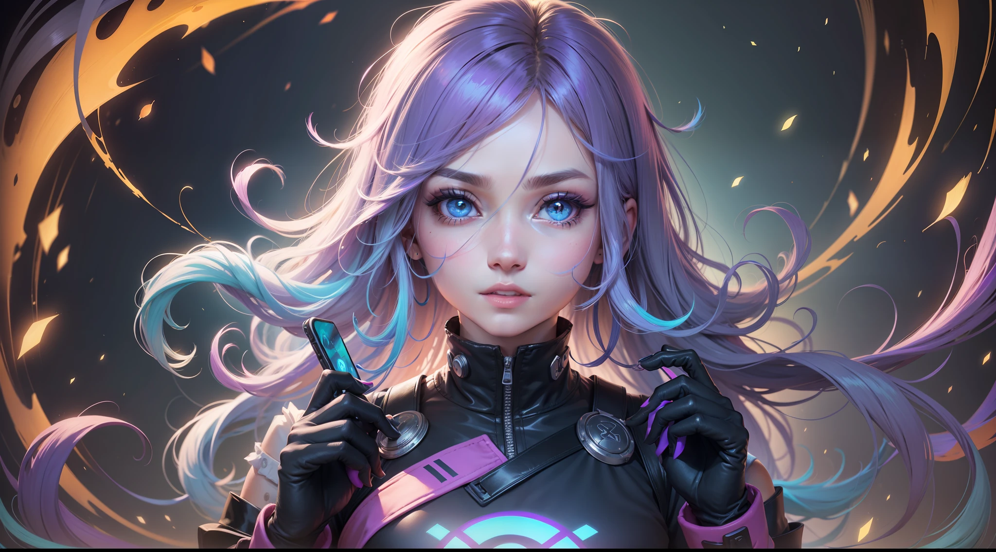Mulher ninja com fone de ouvido sentido paz, olhos fechados, rosto bonito, cores RGB, cabelo roxo brilhante, colorido anime, fundo brilhante, Banner for youtube video, feliz, nuvens com cores RGB, cores RGB brilhantes, completo, ser celestial.