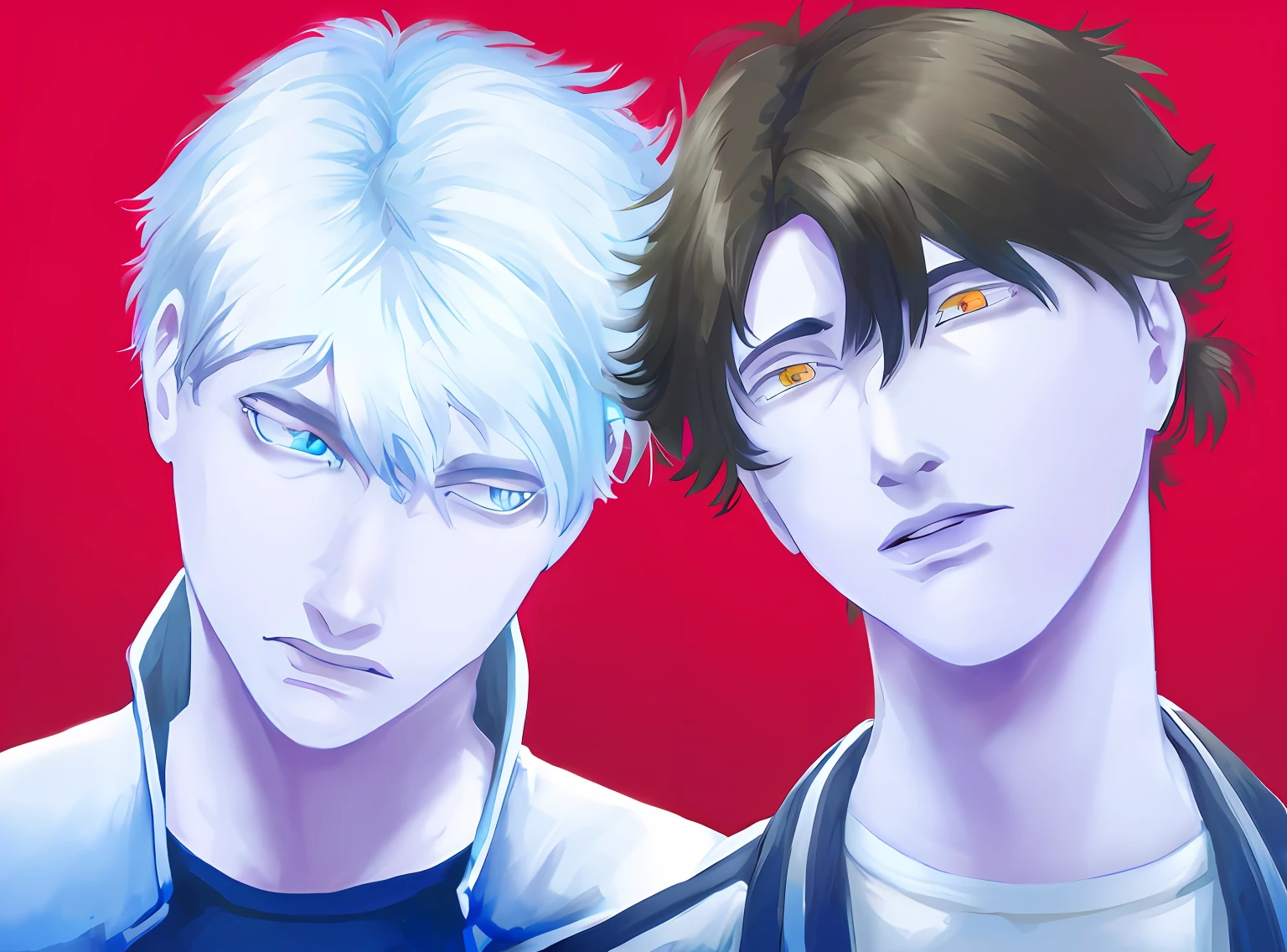 Anime boy with white hair and blue eyes and guy with black hair, semirealistic anime style, Two handsome anime, anime realism style, official fan art, made with anime painter studio, realistic anime style, epic anime style, high quality fanart, Persona Art Style, anime style portrait, realistic art style --auto