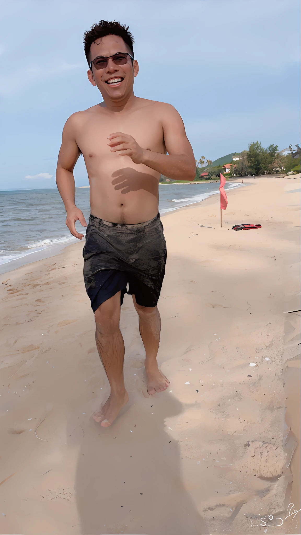 there is a man that is running on the beach with a frisbee, standing in sand, standing at the beach, wearing dirty travelling clothes, wearing loincloth, posing on a beach with the ocean, standing on a beach, intimidating floating sand, tsunami behind him, his body buried in the sand, dust and sand in the air, in the beach, vacation photod som