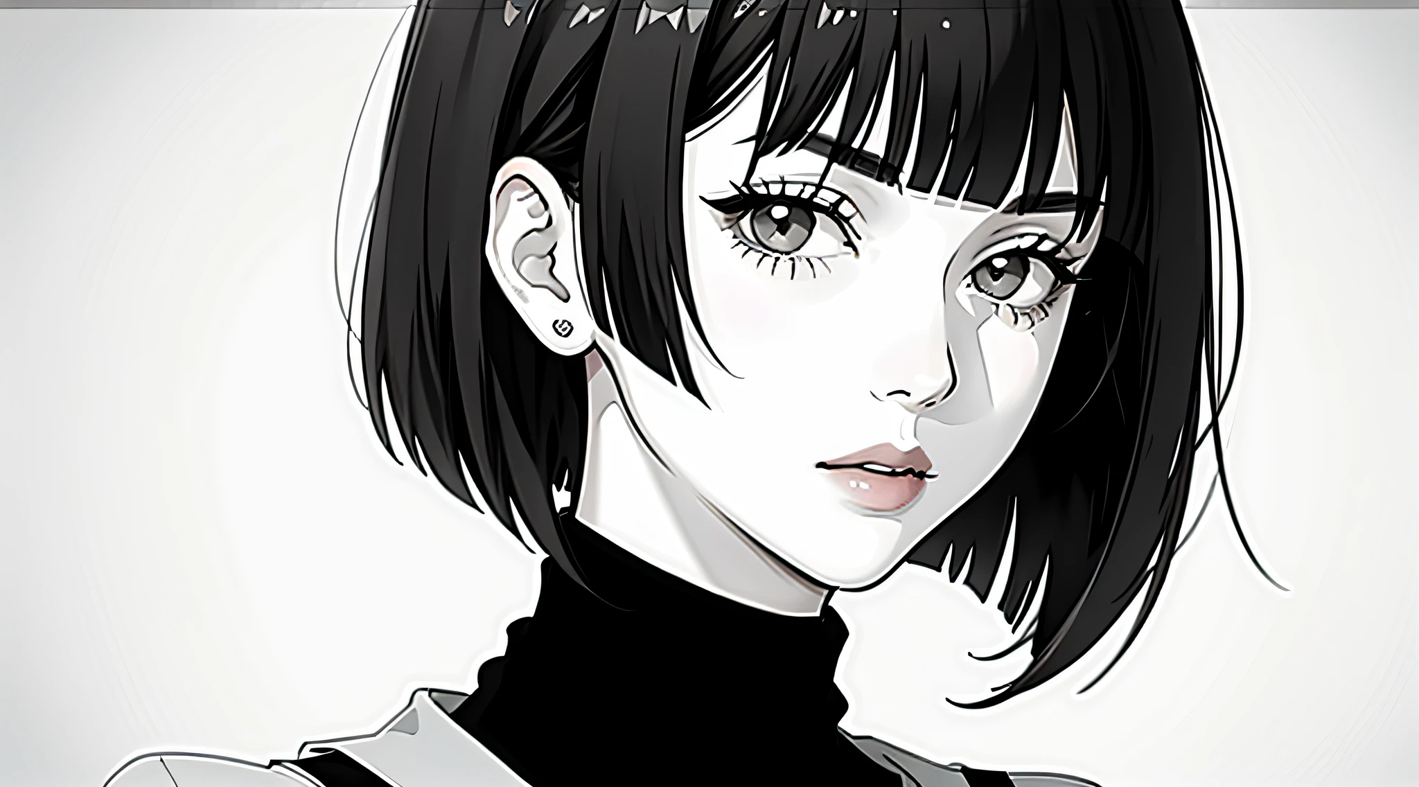 1girl, solo, monochrome, greyscale, bob cut, short hair, portrait, turtleneck, closed mouth, bangs, looking at viewer, blunt bangs, sketch, graphite \(medium\), lips,bad-girl, large breasts,shiny skin,(mature female),