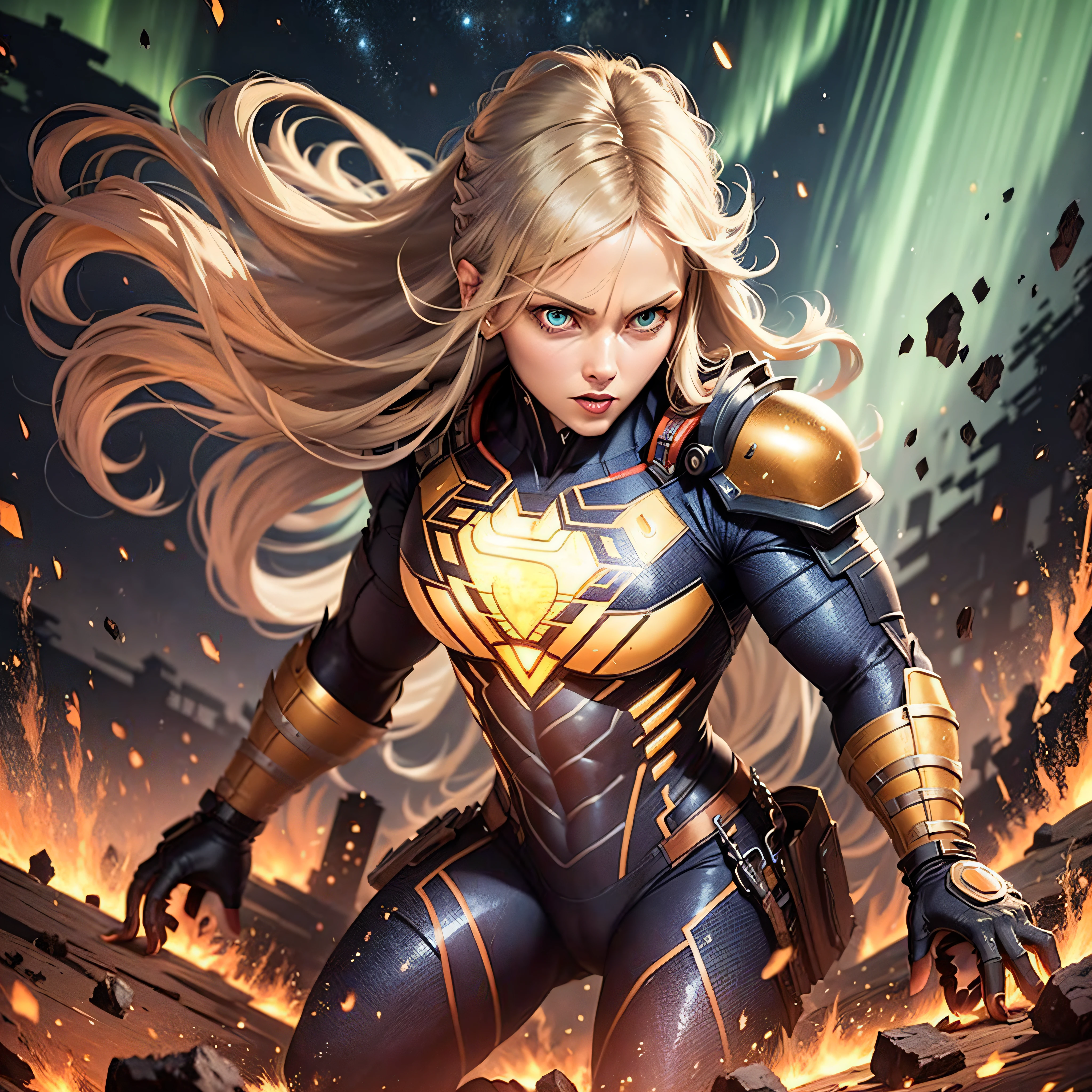 A mighty, agressive, gloomy Superman, blue eyes, long blonde hair, 4k, highly detailed armor, orange beige and golden details, artstation, hyperdetailed, 8k, beautiful lighting, artstation by Michelangelo, hyperdetailed, over the shoulder, fractal, vibrant colors, realistic art , 8k resolution, clear shape, defined shape, full body, fortress of solitude on background, northern lights on a night sky.