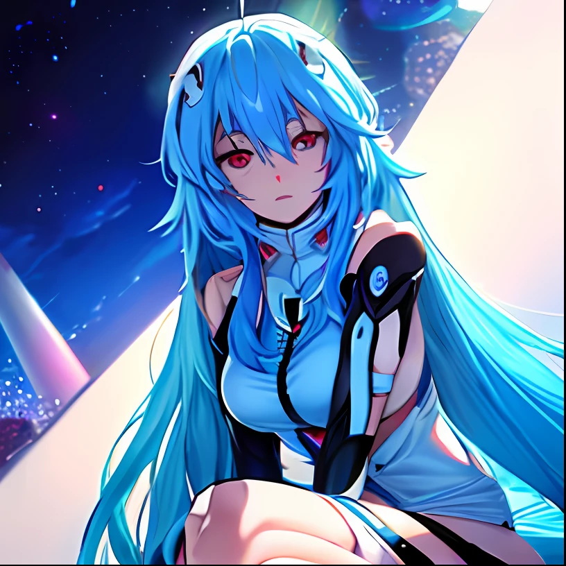 Anime girl with long blue hair sitting on white surface, ayanami, rogue anime girl ayanami rei, female anime character, Rei Ayanami, tensei shitara slime datta ken, evangelion third impact inspired, fus rei, white cyan, anime figure, kirokaze, Neon Genesis Evangelion style, from evangelion, Female action anime girl --auto