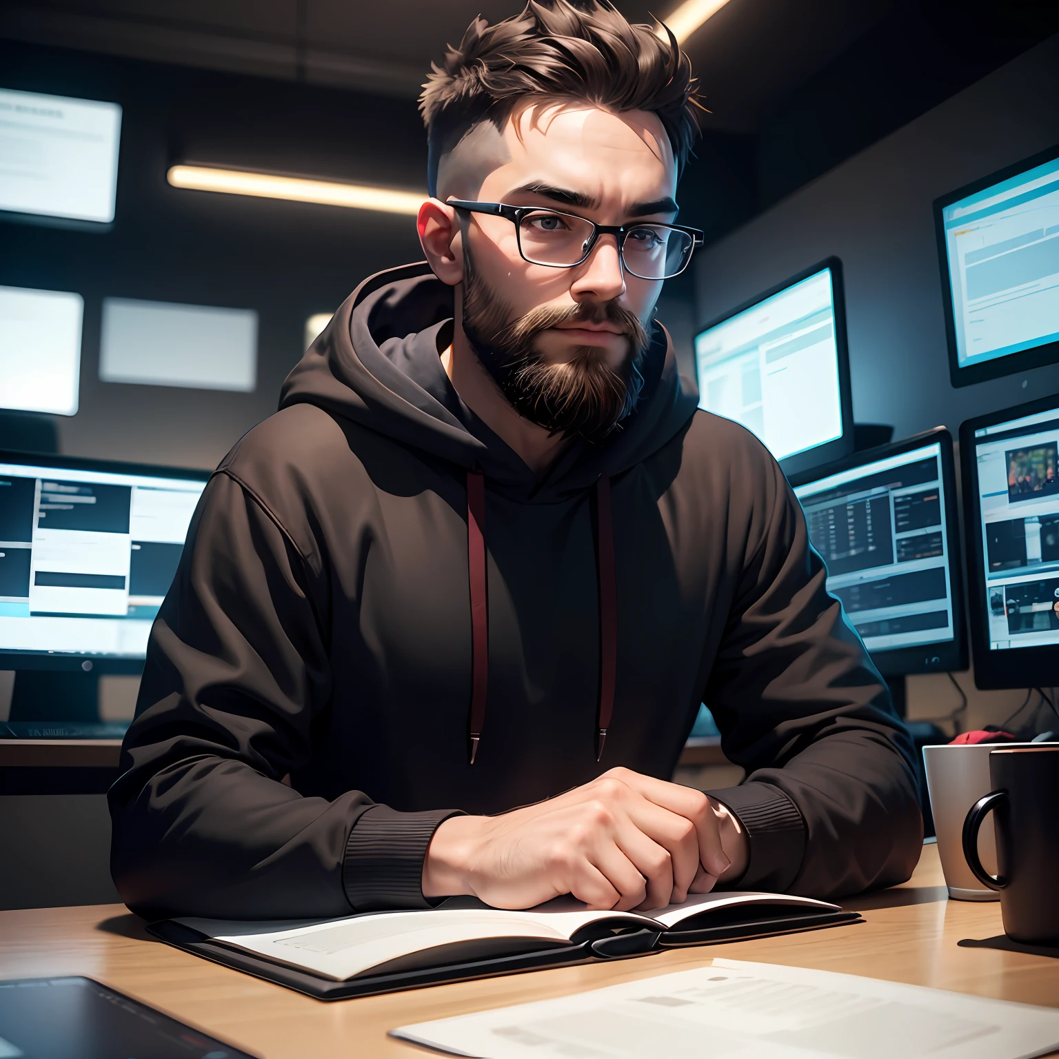 a 26 year man having light beard wearing spectacles wearing hoodie with laptop doing stock trading on table with dark background --auto
