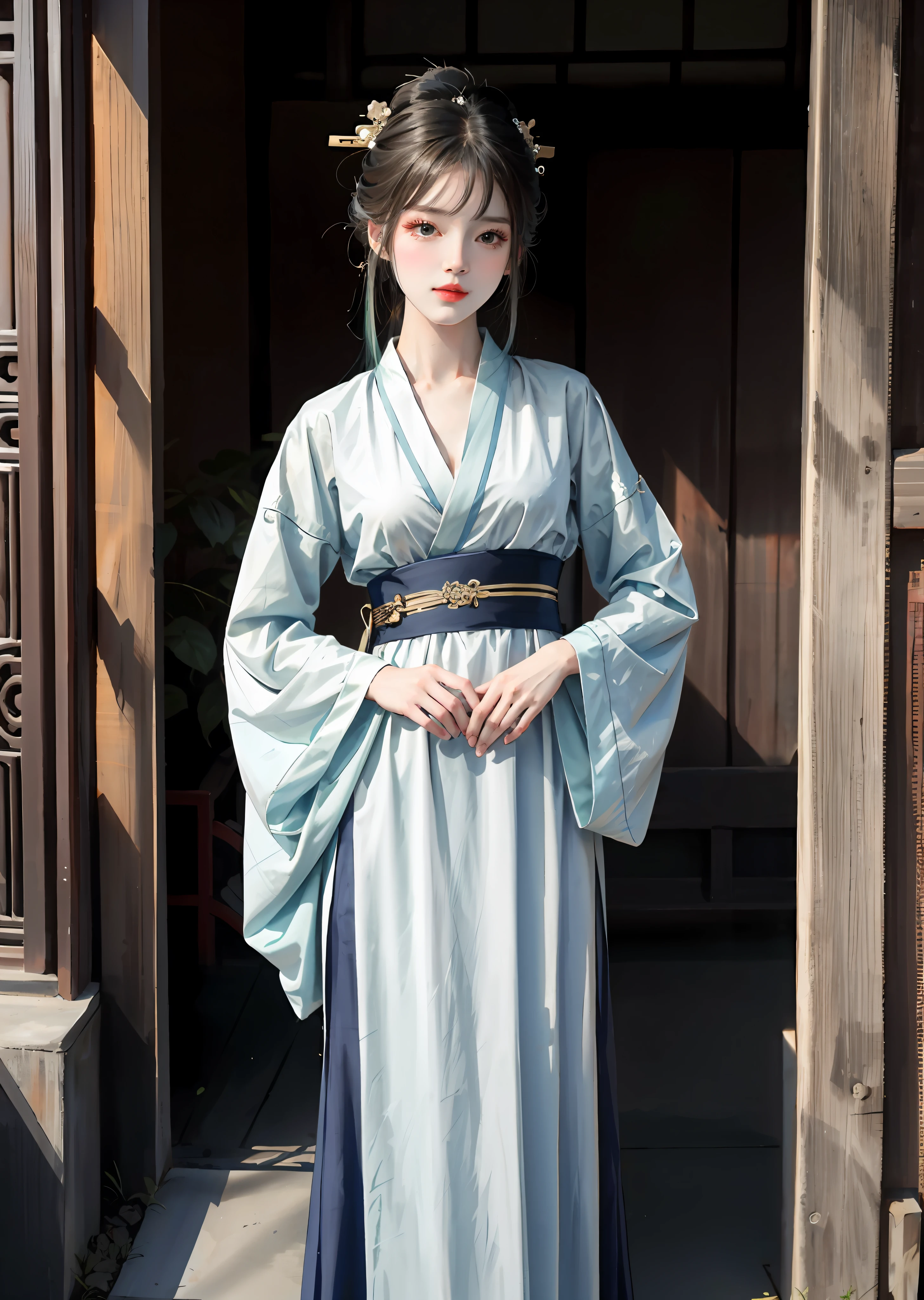 There is a woman in a hanfu dress posing for a photo, Expose large, Long bangs, with acient chinese clothes, Japanese clothes, Wearing ancient Chinese clothes, Palace ， A girl in Hanfu, Traditional Chinese clothing, pale and coloured kimono, Chinese costume, traditional geisha clothing