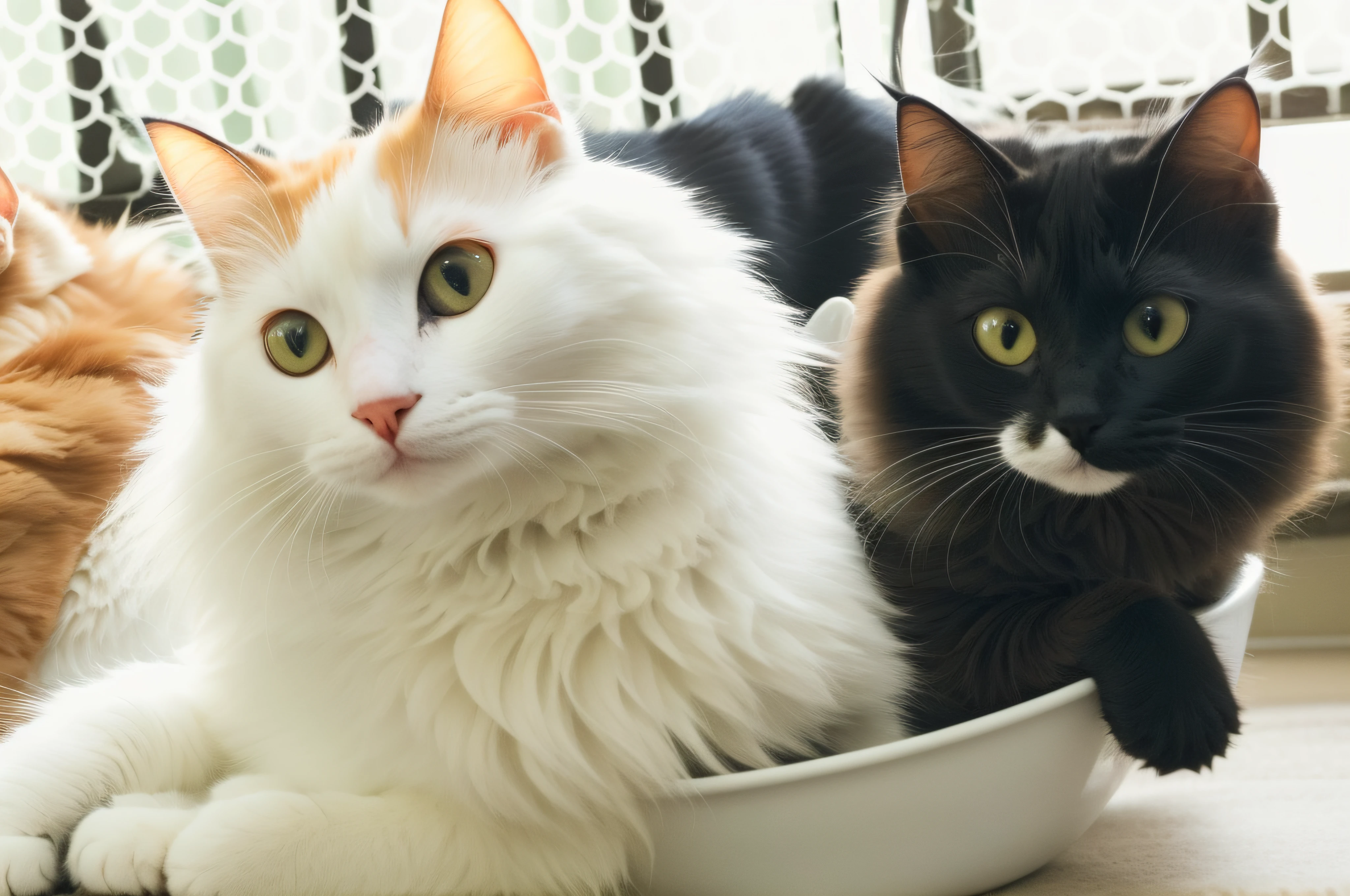 There are two cats sitting together in a bowl on the floor, Two cats, two headed cat, Cats, Cute cats, catscatscats, Pose for Camera, Beautiful faces, posing for camera, Cats! are around, meeting of the cats, cats on her side, proud look, head-to-shoulder, gorgeous features, hight contrast